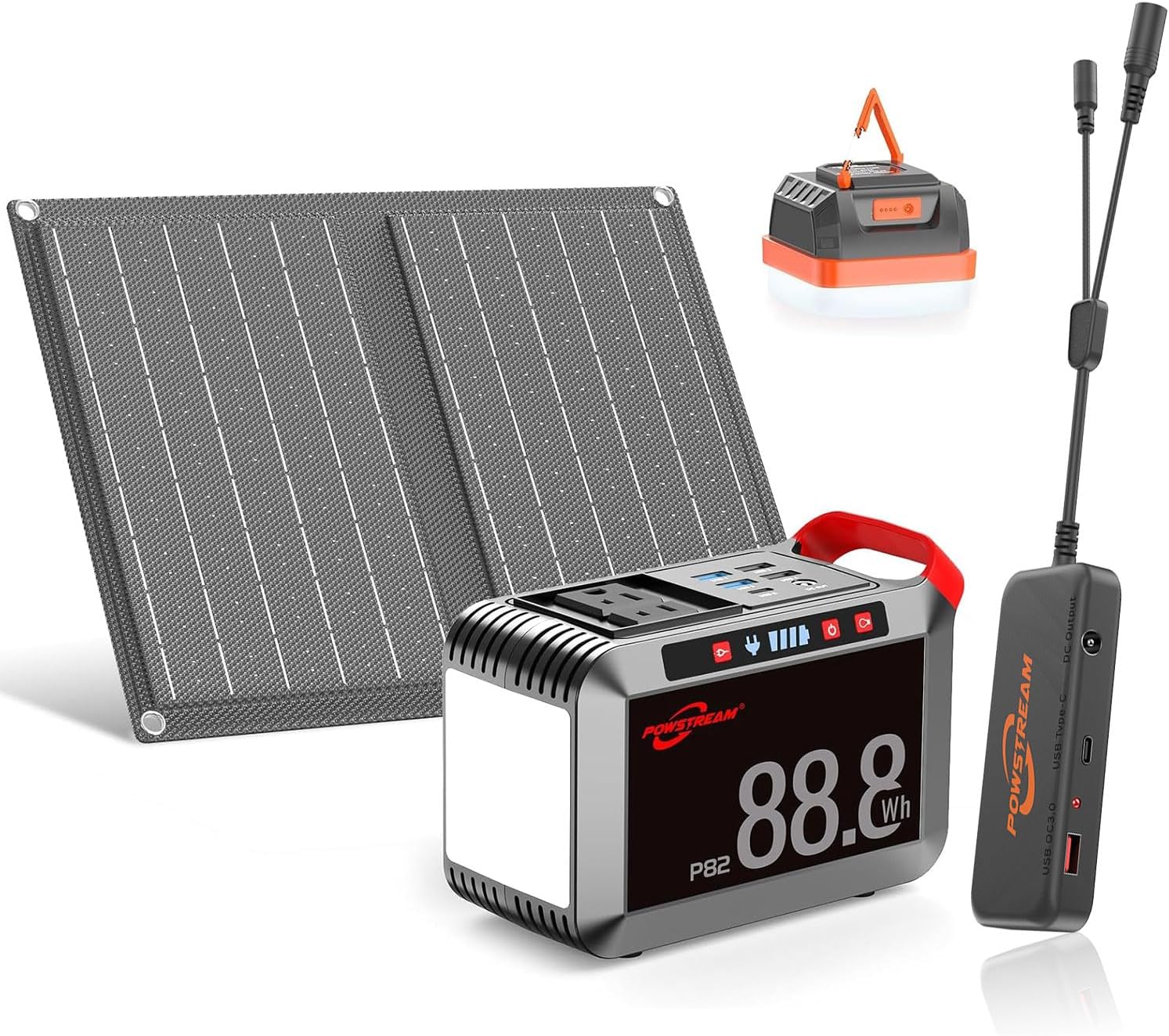 POWSTREAM Solar Generator 88.8Wh with Camping Light and Y Branch Solar Connectors DC35135/DC5521 to USB C/USB A/12V DC for Solar Panel