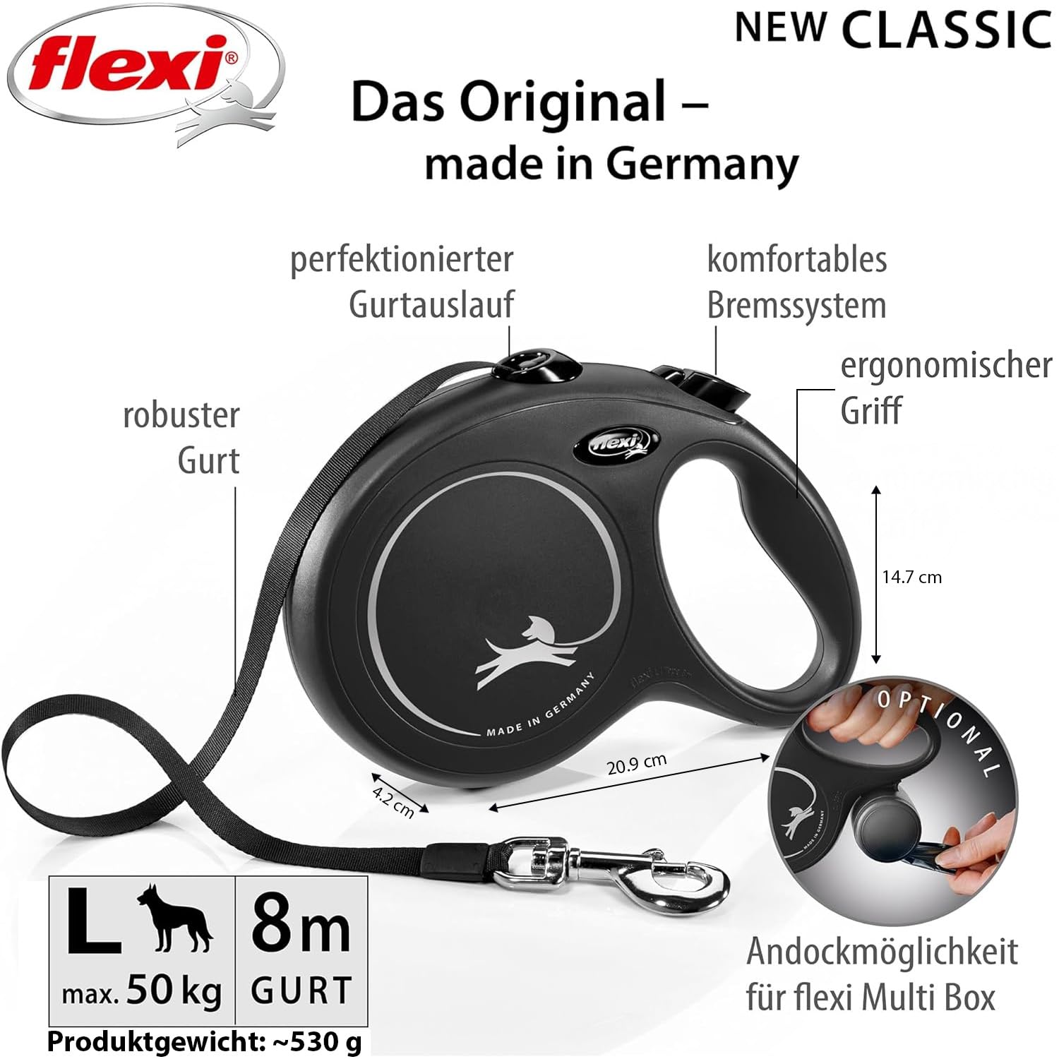flexi® Classic L | 8m Gurt Roll-Leine für Hunde bis 50 kg | Schwarz | ausziehbare Hundeleine | Gewicht 534.3 gr | Maße 14.7 x 20.9 cm