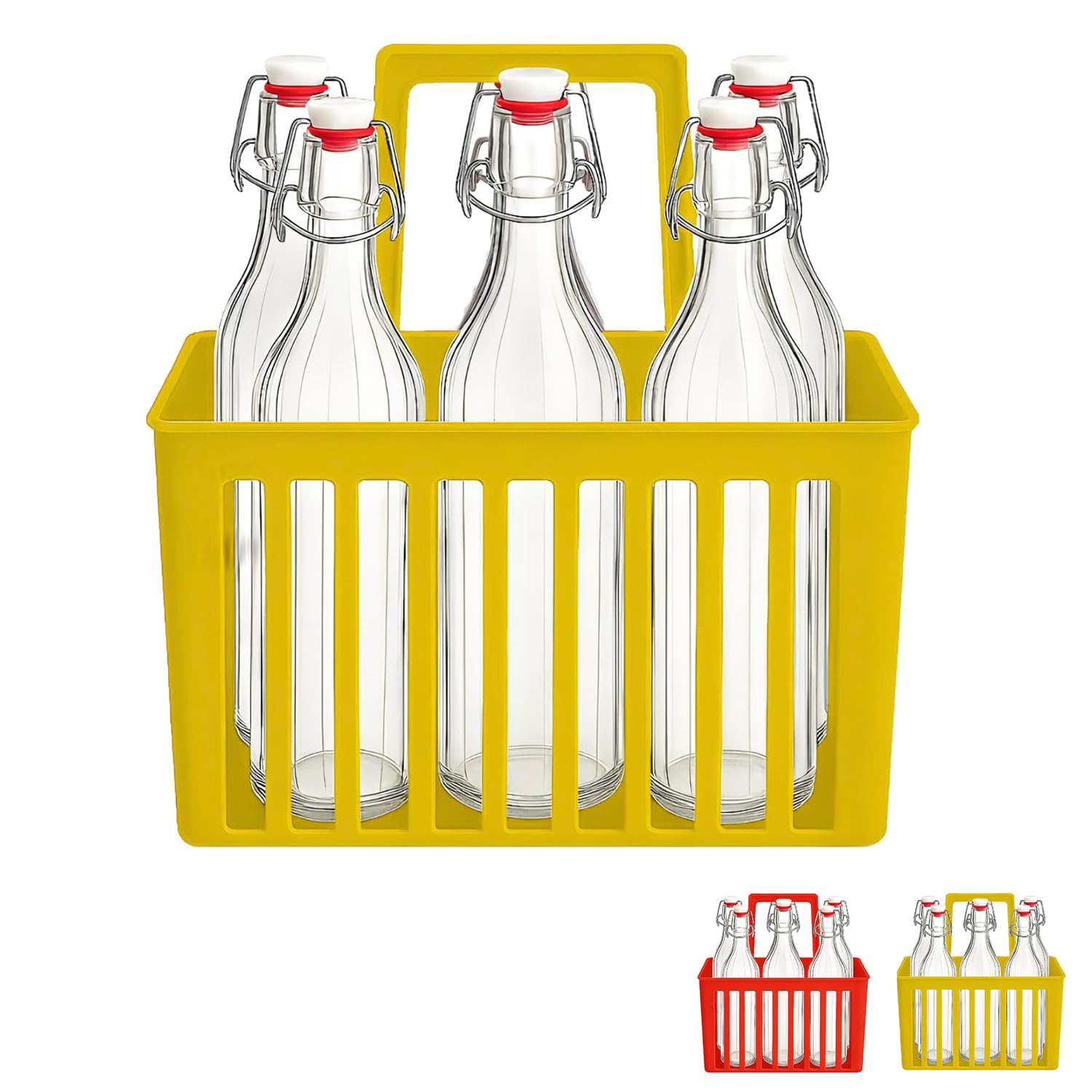 PALUPLUS Set 6 Bottiglie in Vetro da 1 Litro con Cestello Portabottiglie, Bottiglia Vintage Costolata, Porta bottiglie in Plastica a 6 Scomparti con manico per trasporto -8636/8689-6 (Giallo)
