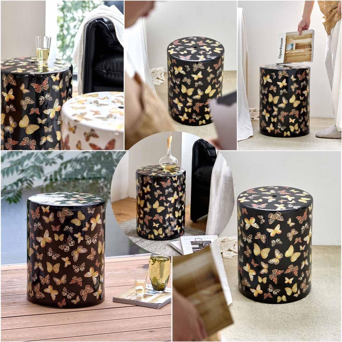 Chinoiserie Garden Stool, Ceramic Stool, Decorative Drum Stool with Flowers & Butterflies, Glazed Ceramic Decorative Stool for Patio and Living Room Garden Stools(H)