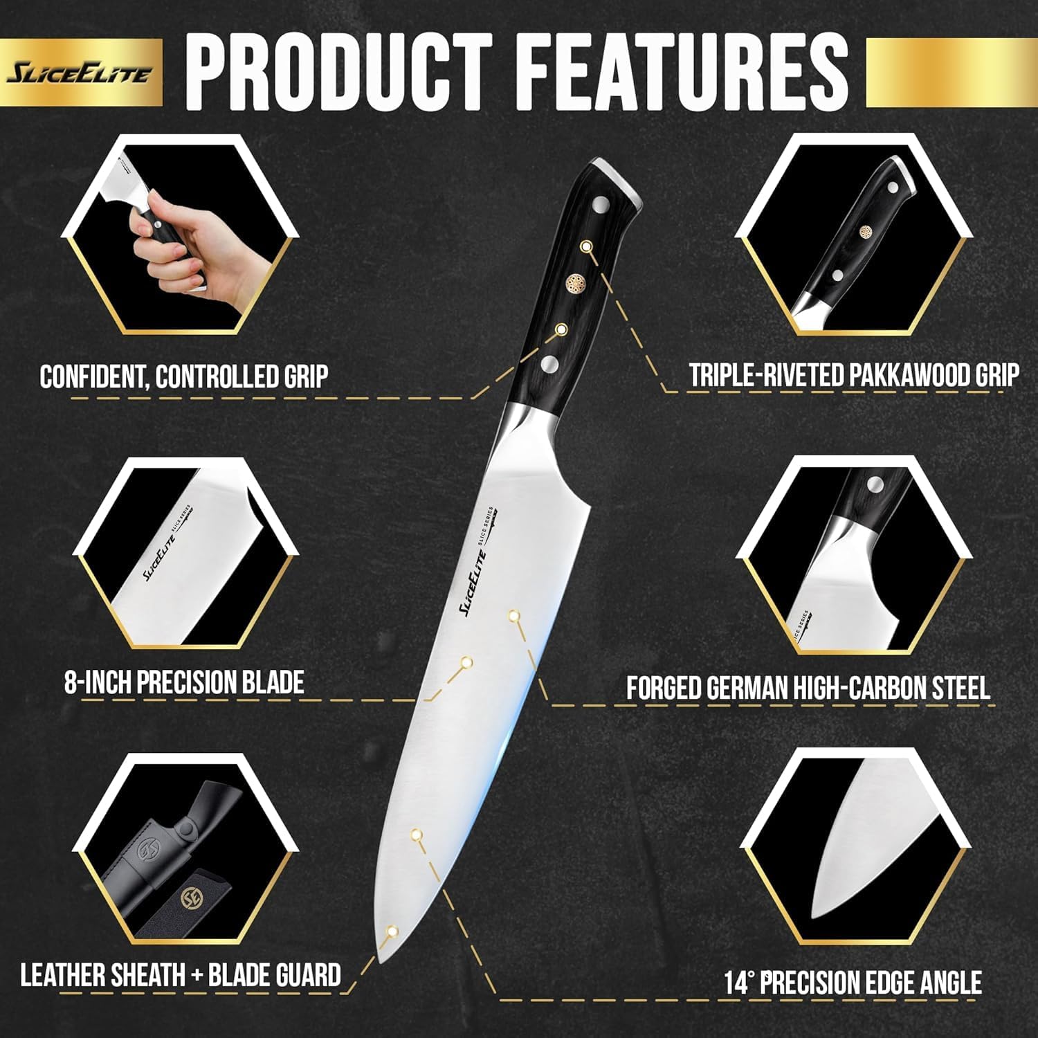 SliceElite Slice Series 8 Inch Chef Knife High Carbon German Steel Blade Pakkawood Handle Dual Sheath Sharp Cooking Knife for Meat Cleaver BBQ Kitchen Knife for Slicing Chopping Cutting Carving Tool
