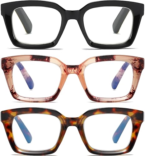 ZXYOO Paquete de 3 lentes de lectura de diseño cuadrado de gran tamaño para mujer lector de computadora con bloqueo de luz azul negro y rosa y