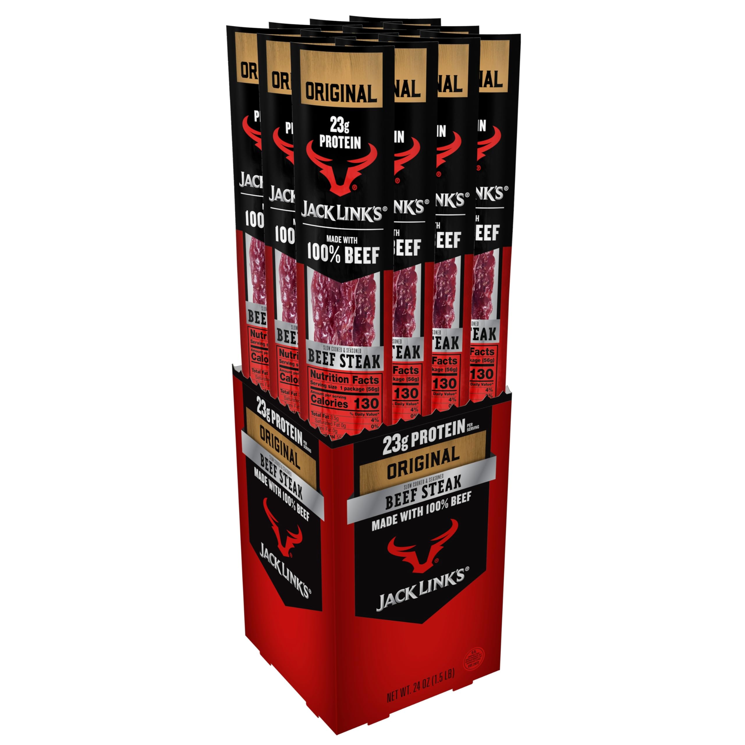 Jack Link's Beef Steak, Original – Protein Snacks, Meat Snack with 23g of Protein, Made with 100% Beef, Individually Wrapped Bulk Snack Pack, Keto Friendly – 2 Oz. (12 Count)