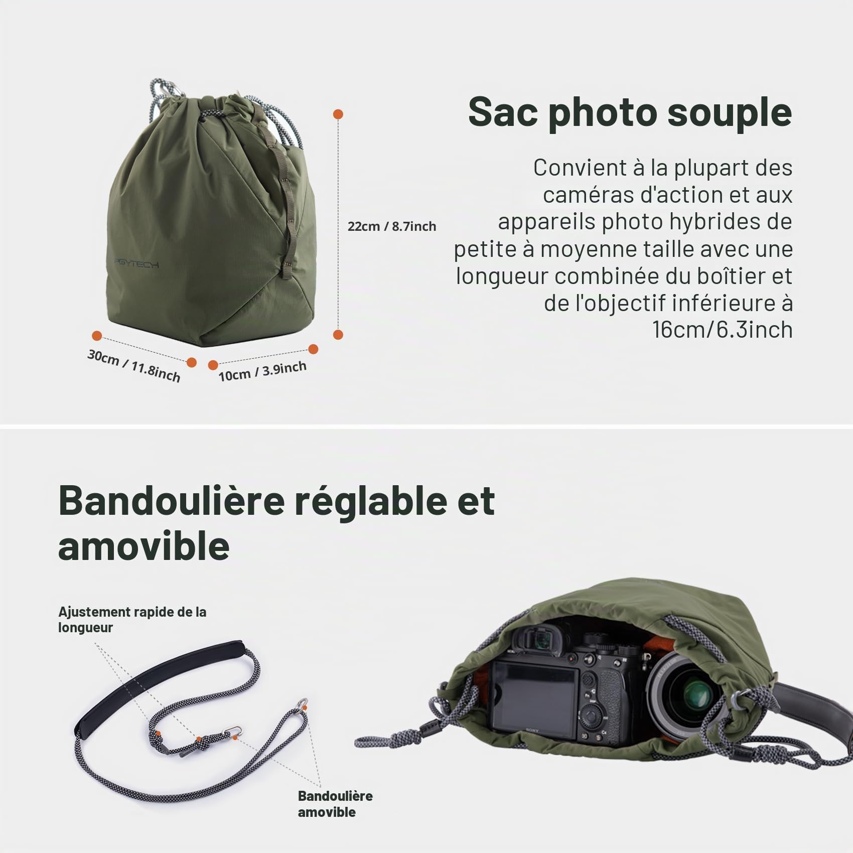PGYTECH OneGo Sac à Cordon Housse pour Appareil Photo Compatible avec Appareils Photo sans Miroir Nikon/Canon/Sony/Fuji/DJI OSMO Pocket 4/3, Vert