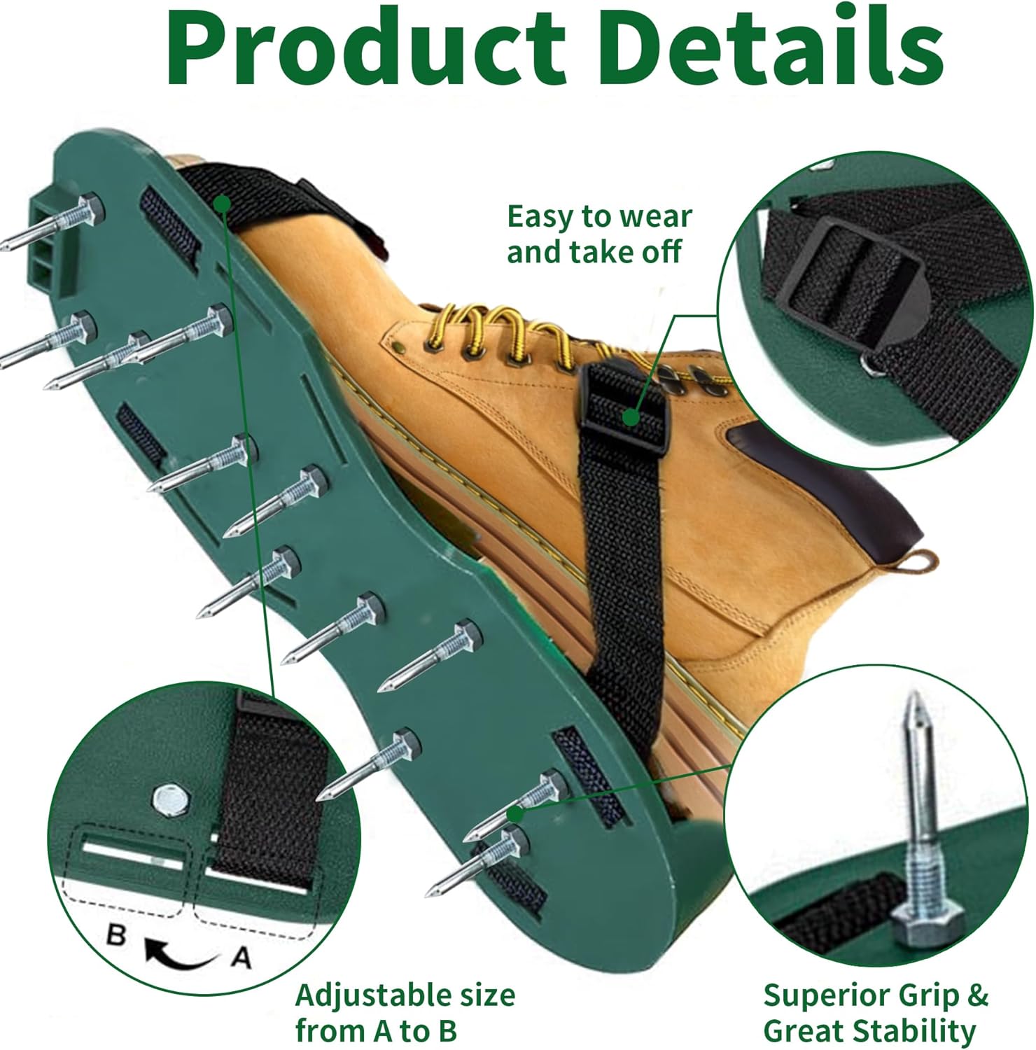 The Lawn Aerator Shoes for Grass, Epoxy Spiked Shoes with 1.65'' Sharp Short Spikes, Garden Grass Loosening Spike Shoes for Epoxy Flooring, 6 - Shoelace Design (Green, 11.8'' x 5.1'')