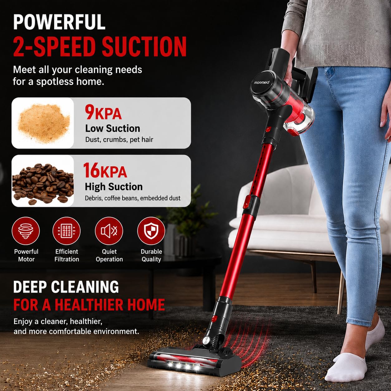 Aspirateur Balai sans Fil 4-en-1, 150W, 6 * 2200mAh, 49 Min d’Autonomie, LED, 2 Vitesses, Ultra Léger, Réservoir 1L, pour Tapis Sols Durs Poils d’Animaux Voiture - Gris (Rouge et Gris) (Rouge et Gris)