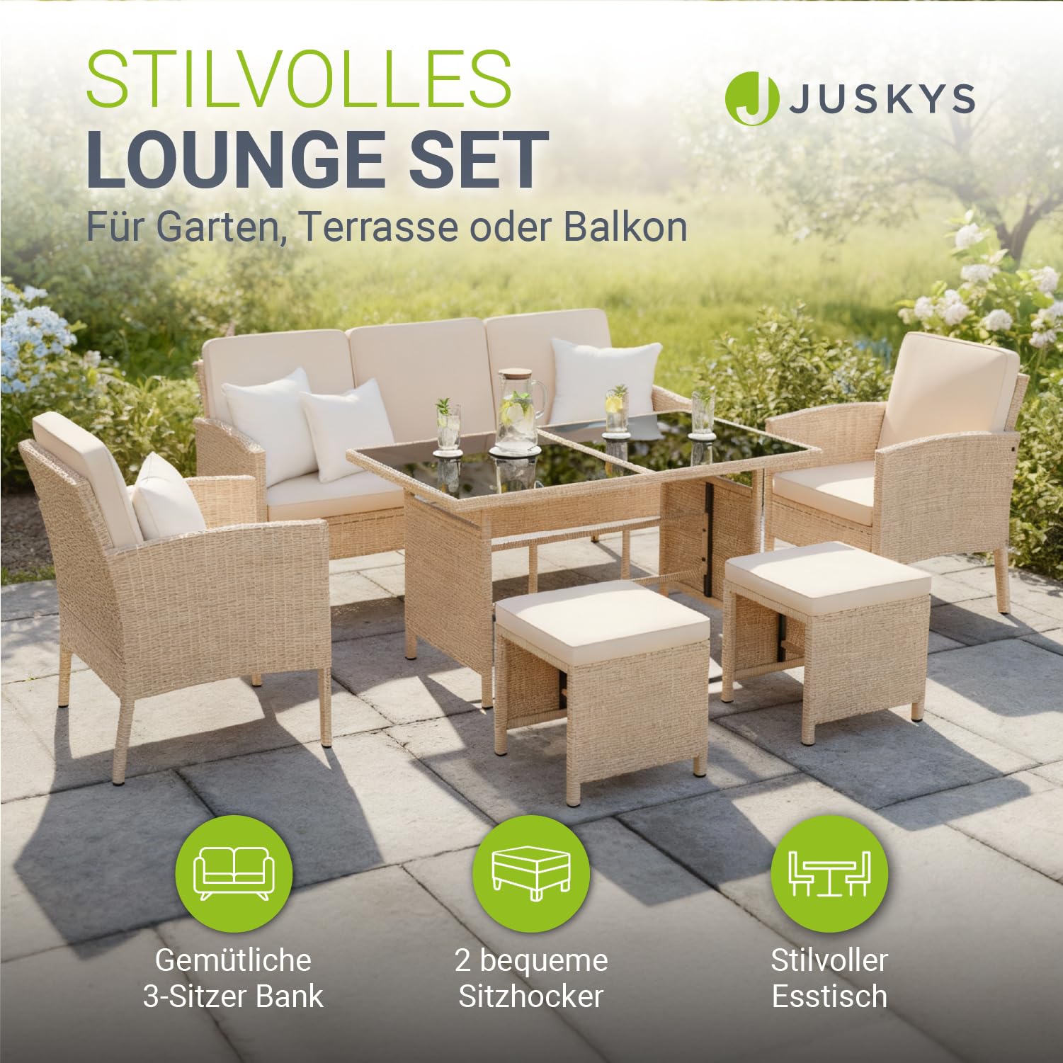 Juskys Salotto da Giardino Rattan Torino Set 6 pezzi 7 persone Crema