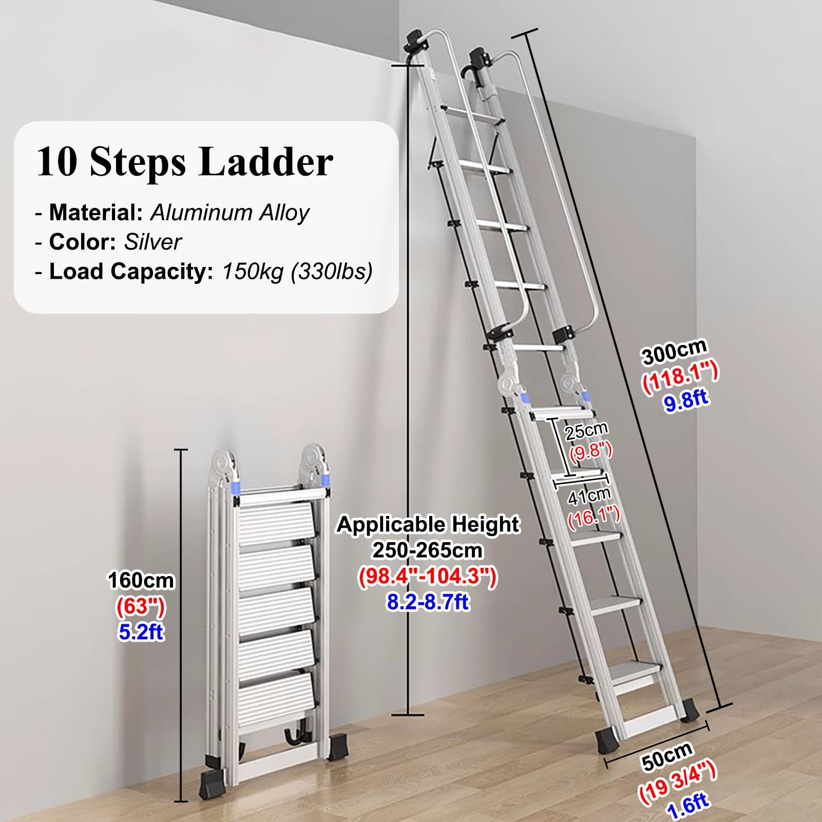 Escalera plegable de aleación de aluminio resistente con pasamanos de seguridad, escalera portátil para ático para almacén, sótano, garaje, acceso al techo