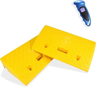Lightweight & Portable Yellow Plastic Curb Ramps for Driveway & Sidewalks - Set of Two (2) Yellow Curb Ramps with Bonus Tire Gauge by Premium Products