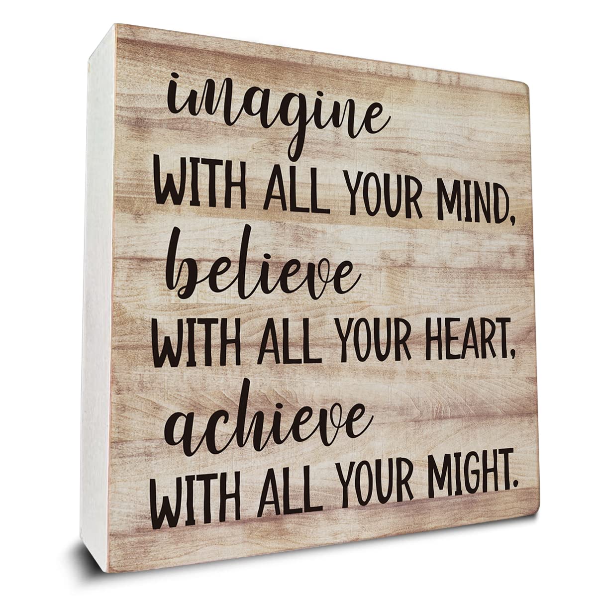 Imagine with All Your Mind Wooden Box Sign Desk Decor, Inspirational Quote Wood Box Sign for Home Office Shelf Table Decoration 5 X 5 Inch