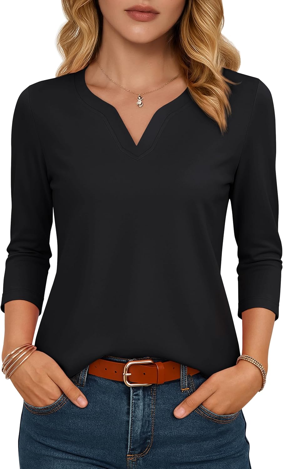YUCOLEN 3/4 Length Sleeve Womens Tops Henley V Neck Dressy Casual Work T Shirts 2026 Trendy Blouses Cotton Tee