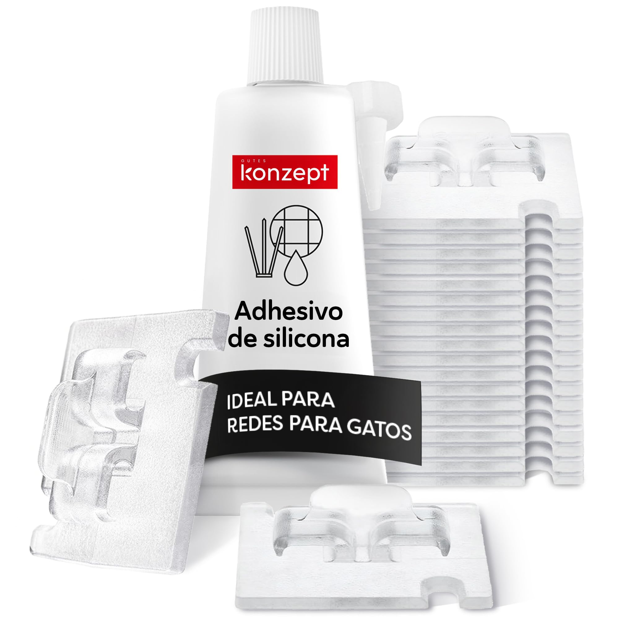 Konzept 11 Ganchos red gatos 70 u. con adhesivo 60 ml, ideales para redes de balcón, color transparente, sin necesidad de taladrar, para uso en exteriores e interiores.
