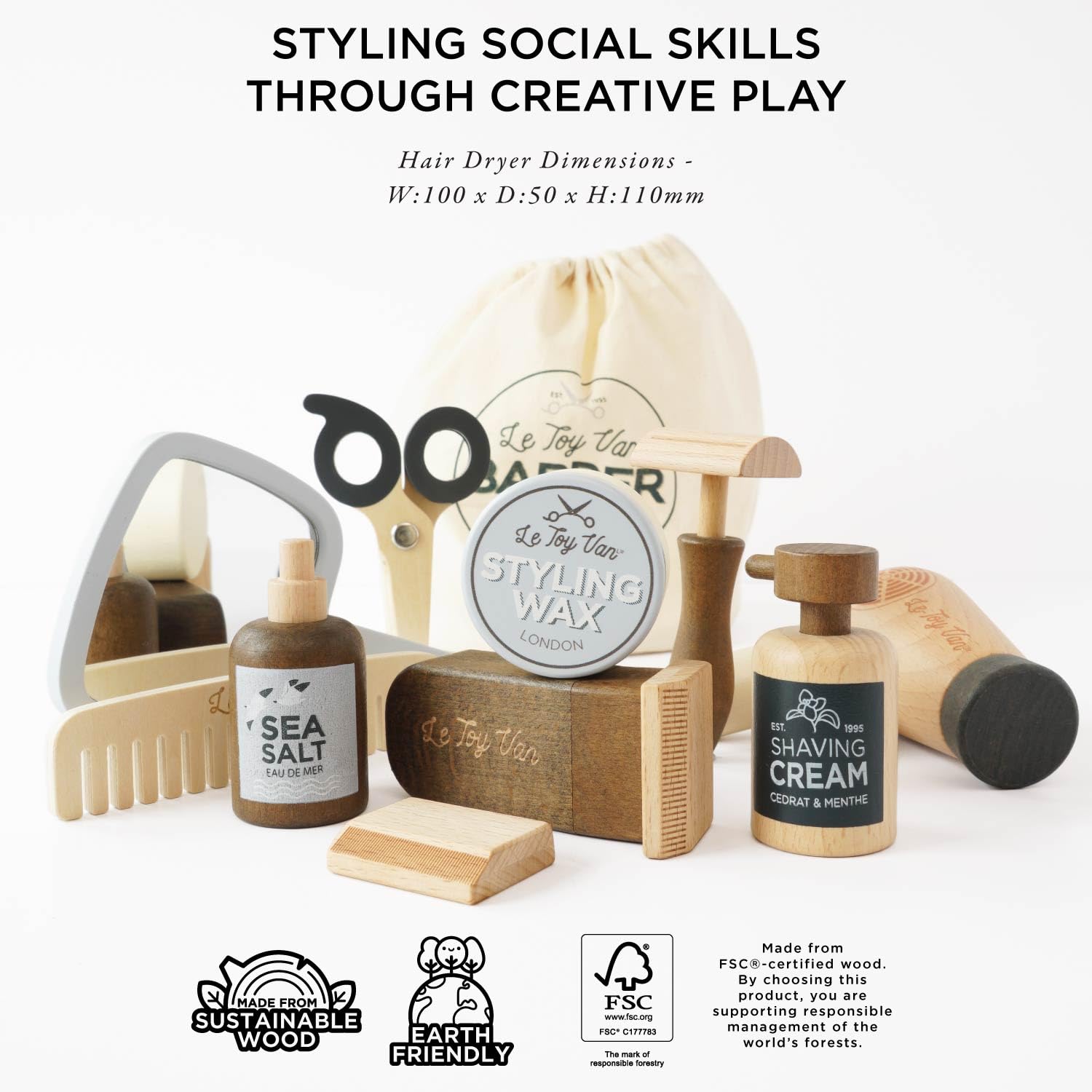 Le Toy Van Ensemble Coiffeur et barbier, Jouet pour rôle 10 pièces, 3+ Ans, Blanc, Bois FSC