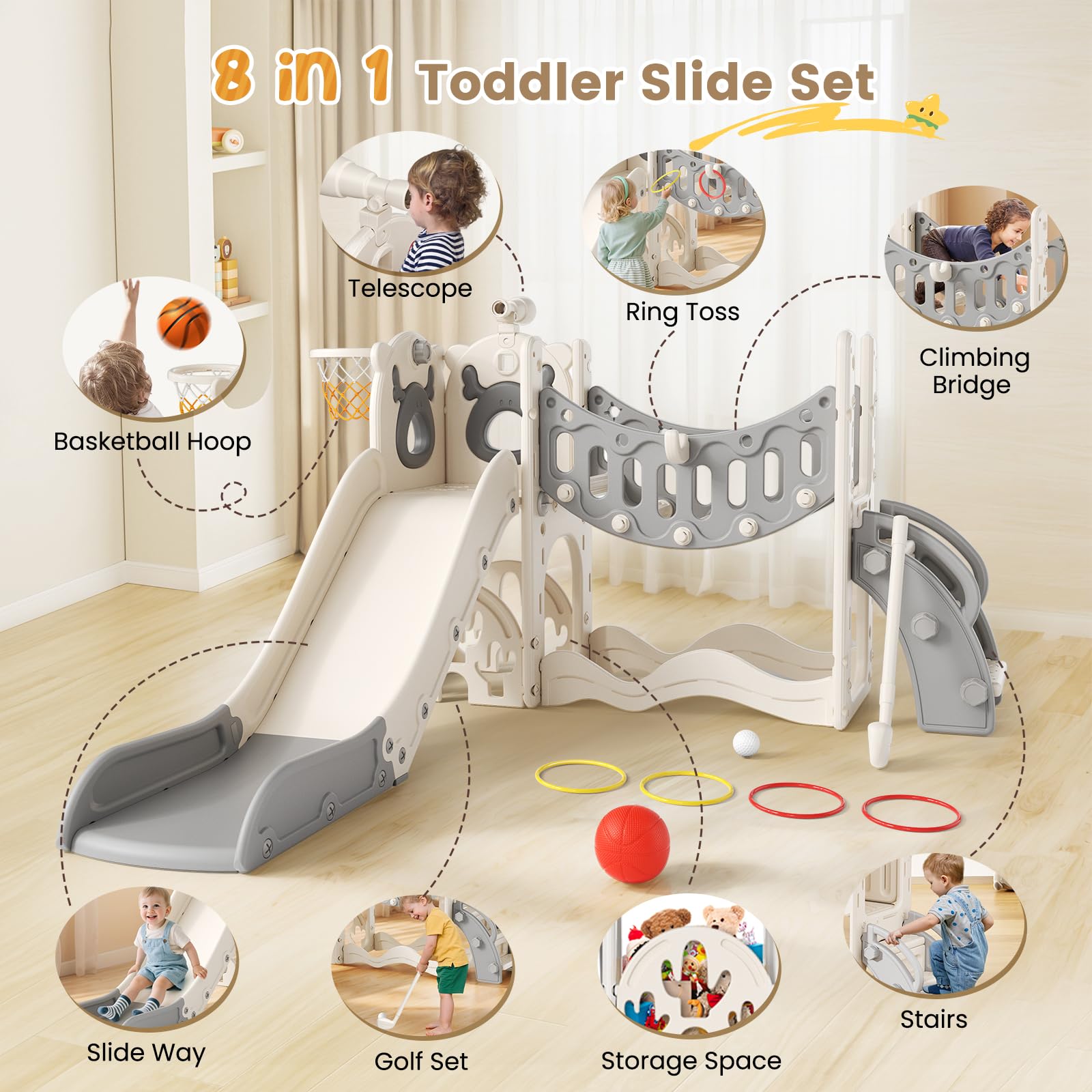 Scivolo 8 in 1 per bambini con ponte da arrampicata e cestino da basket