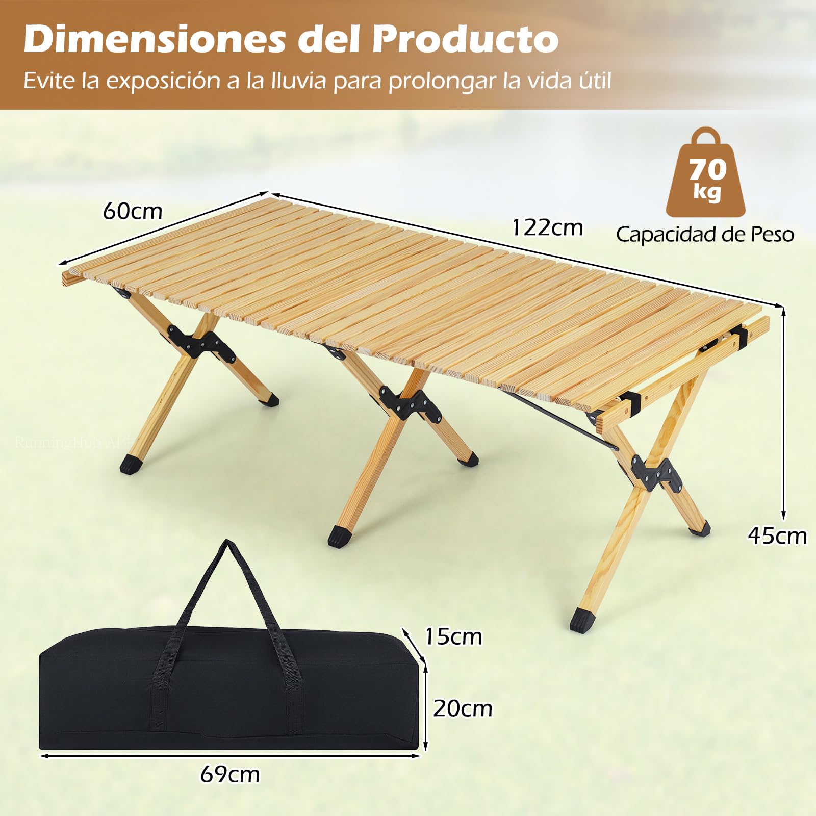 COSTWAY Mesa Plegable Camping, Mesa de Picnic Plegable con Tablero Enrollable de Madera Pino y Bolsa de Transporte para 4-6 Personas, Portátil para Playa, BBQ, Fiestas, 122 x 60 x 45 cm (Natural)