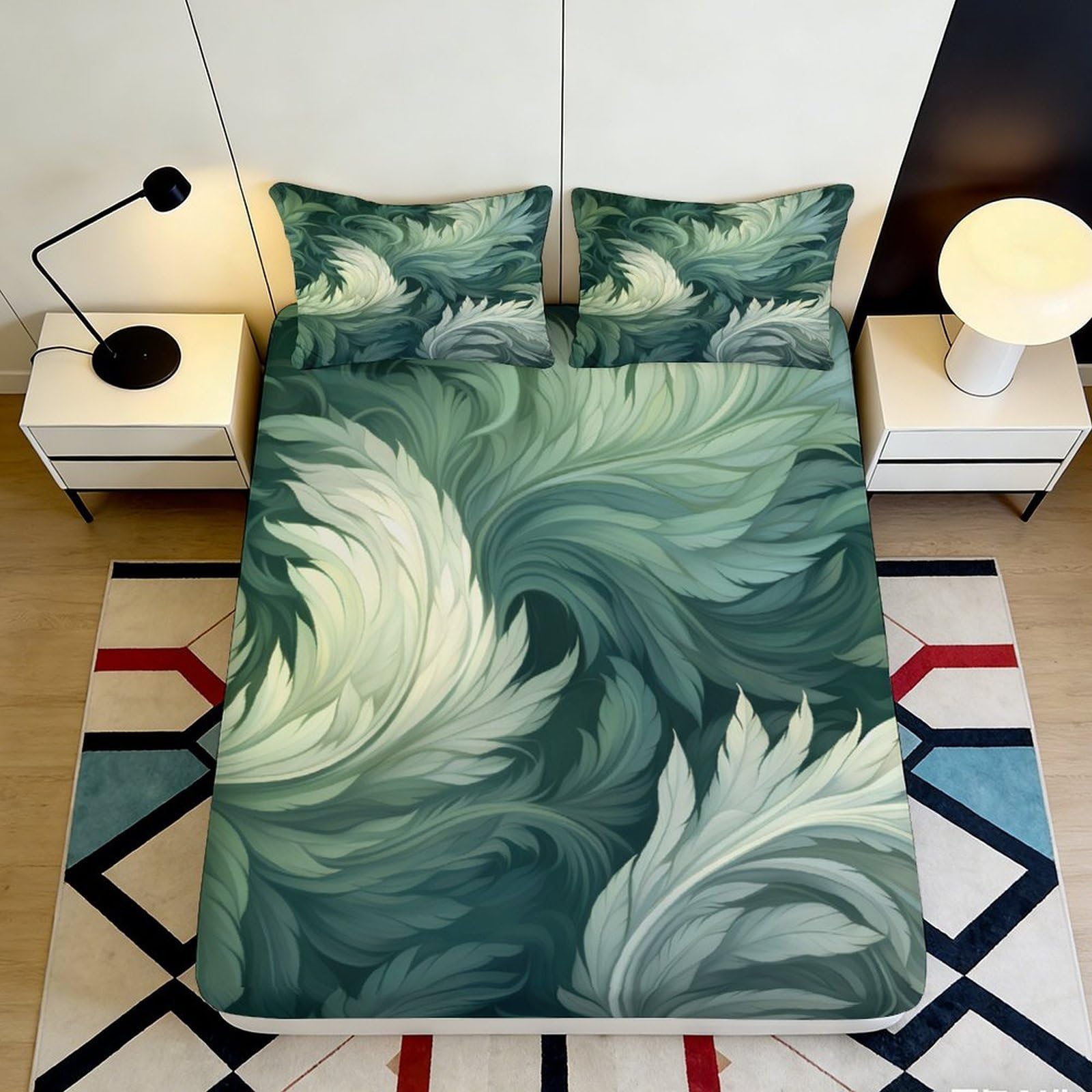Pnayamiorkfel Style-6 3D Printed Green Leaf Swirl Fitted Sheet Microfiber Soft Art Mattress Cover For Bedroom Guest Room Decor 90X200x25cm