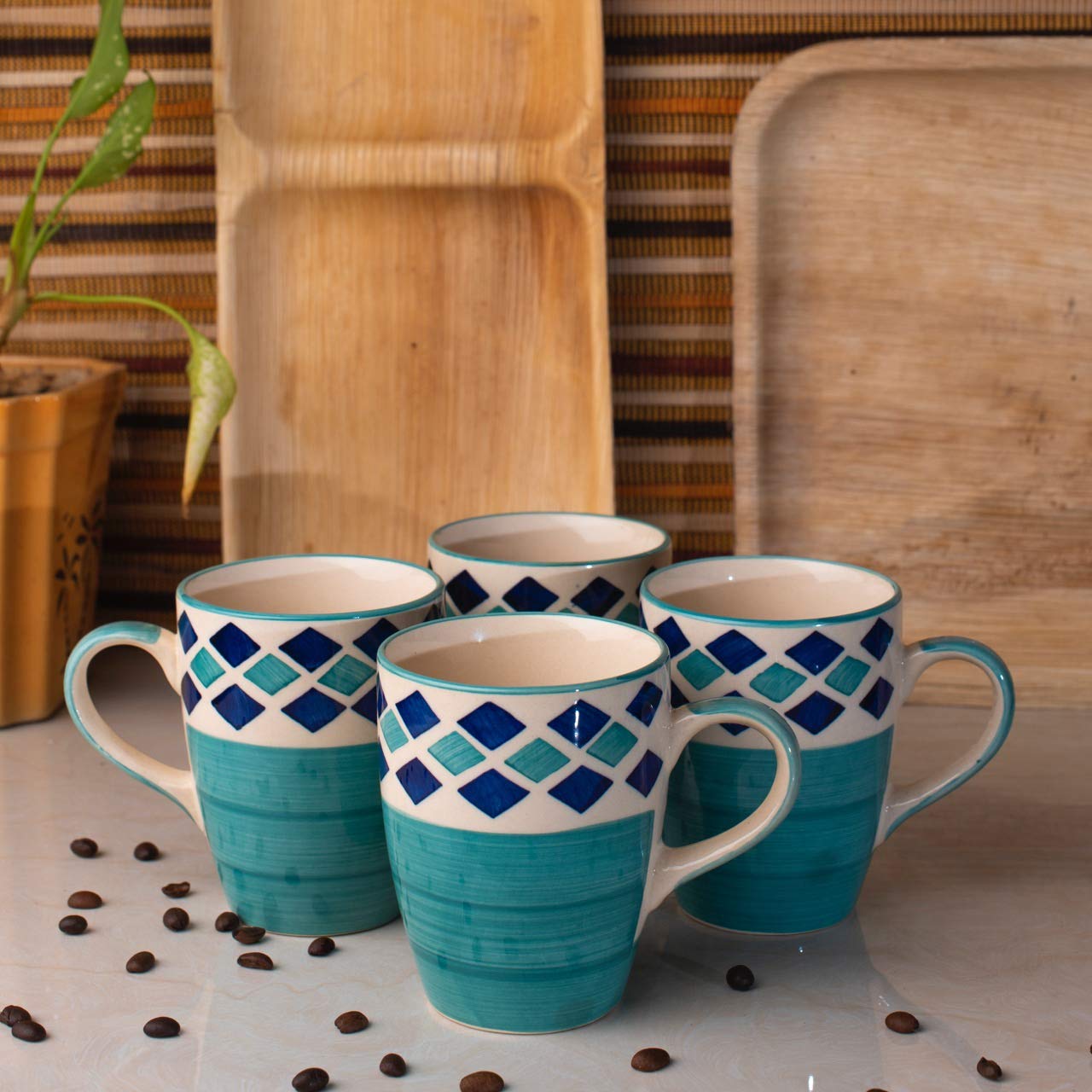 HS HINDUSTANI SAUDAGAR Aqua Blossom Coffee Mug Set of 4 (275 ML Each) Microwave Safe Coffee Mugs Ceramic Milk Mug Ceramic Tea Mug Set Handmade Cup Best for Gift