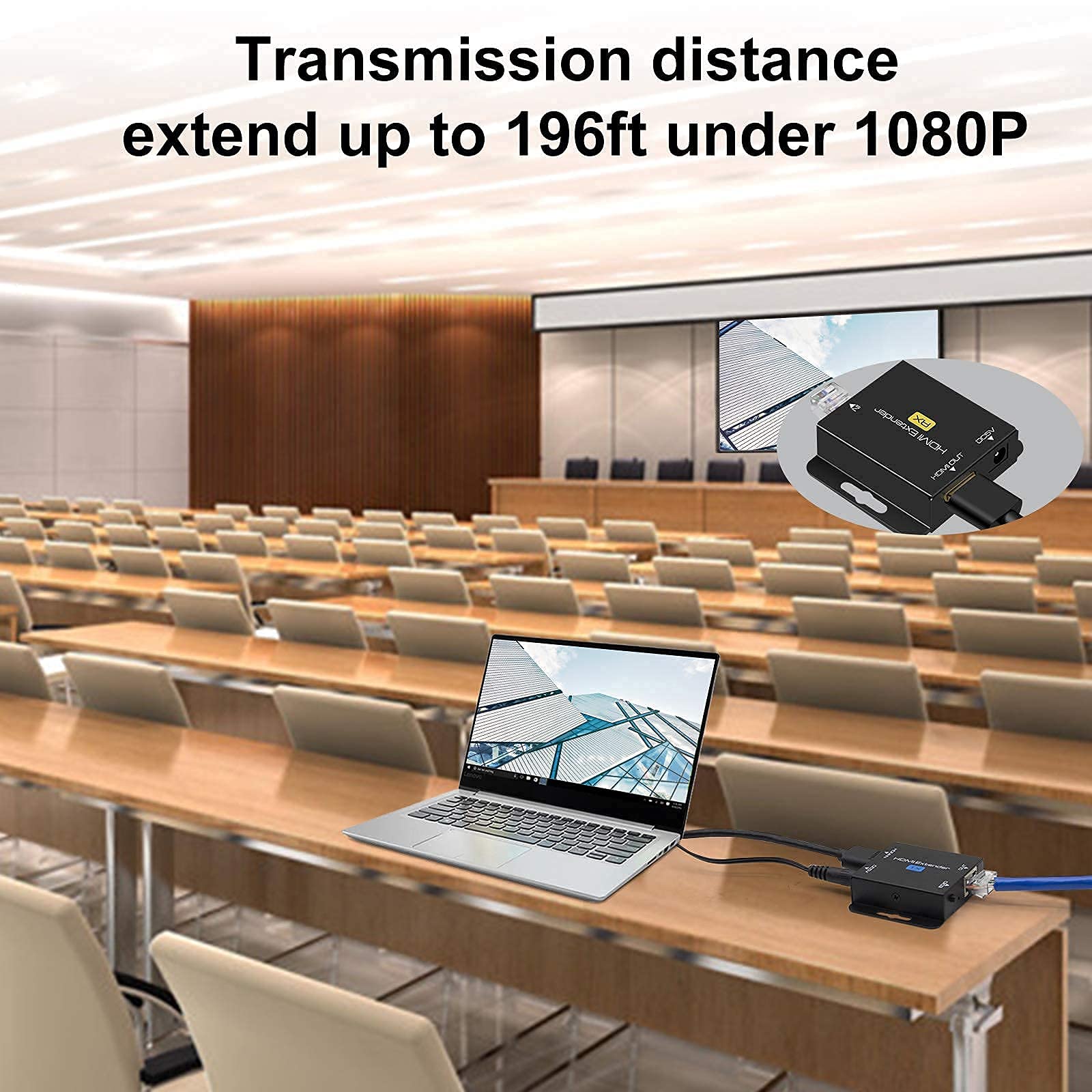Przedłużacz HDMI 60m z POC 1080P@60Hz Wzmacniacz 3D (TX i RX) RJ45 Transfer Pojedynczy przez Cat5e/Cat6/Cat7/Cat8 z Adapterem Sieciowym 5V