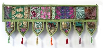 ICC valances for windows Toran Cotton Vintage Patchwork Door Hanging Valance Window Hand Embroidered Bohemian Decor Living Room Wall bedroom living room Home Handmade Decorations Green 40 Inches