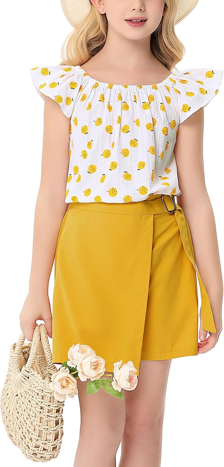 Girls Size 5/6 Summer Outfits 2 Piece Short Sets Ruffle Sleeve Dot Print T Shirt & Skirt with Shorts
