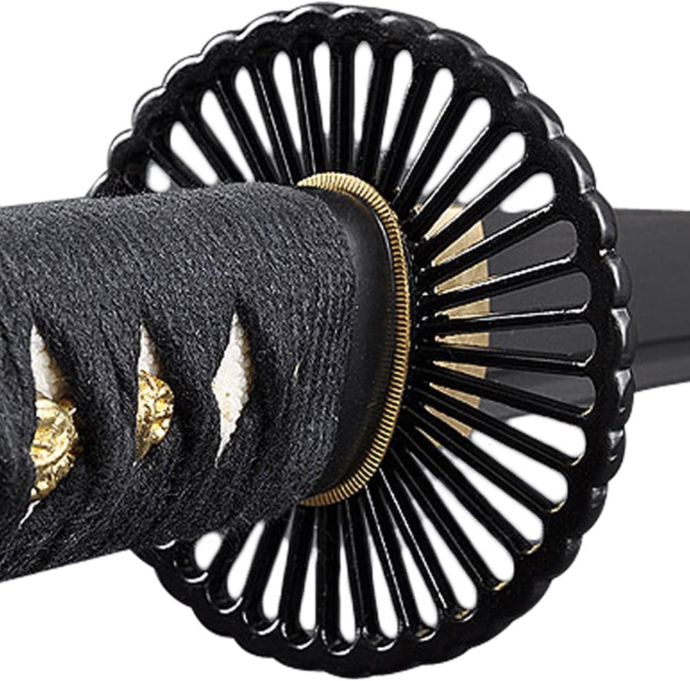 Handmade Sword - Fully Functional Samurai Katana Sword, Long Handle, 1080 Carbon Steel Bendable Blade, Full Tang, Sharp, Empire Wheel Tsuba, Black Scabbard, Certificate