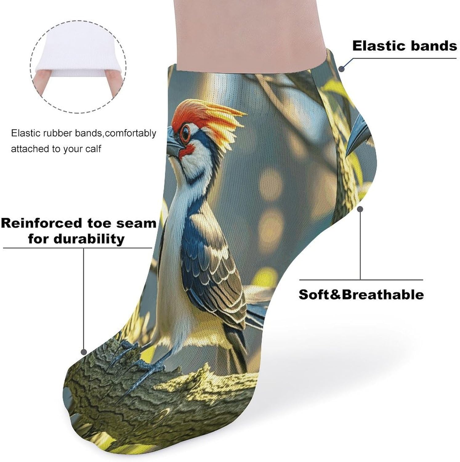 Socks for Men Women 5 Pairs Short Ankle Socks | Cute Pileated Woodpecker Low Cut Casual Crew Sock Cute Breathable Athletic Socks Non Slip No Show Sock