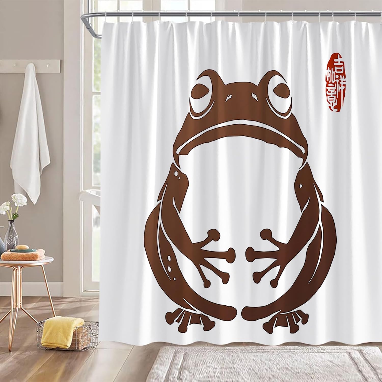 Frog Shower Curtain Asian Cute Animal Funny Style Traditional Art 70" Wx96 H Fabric Bathroom Decor Curtain with Hooks