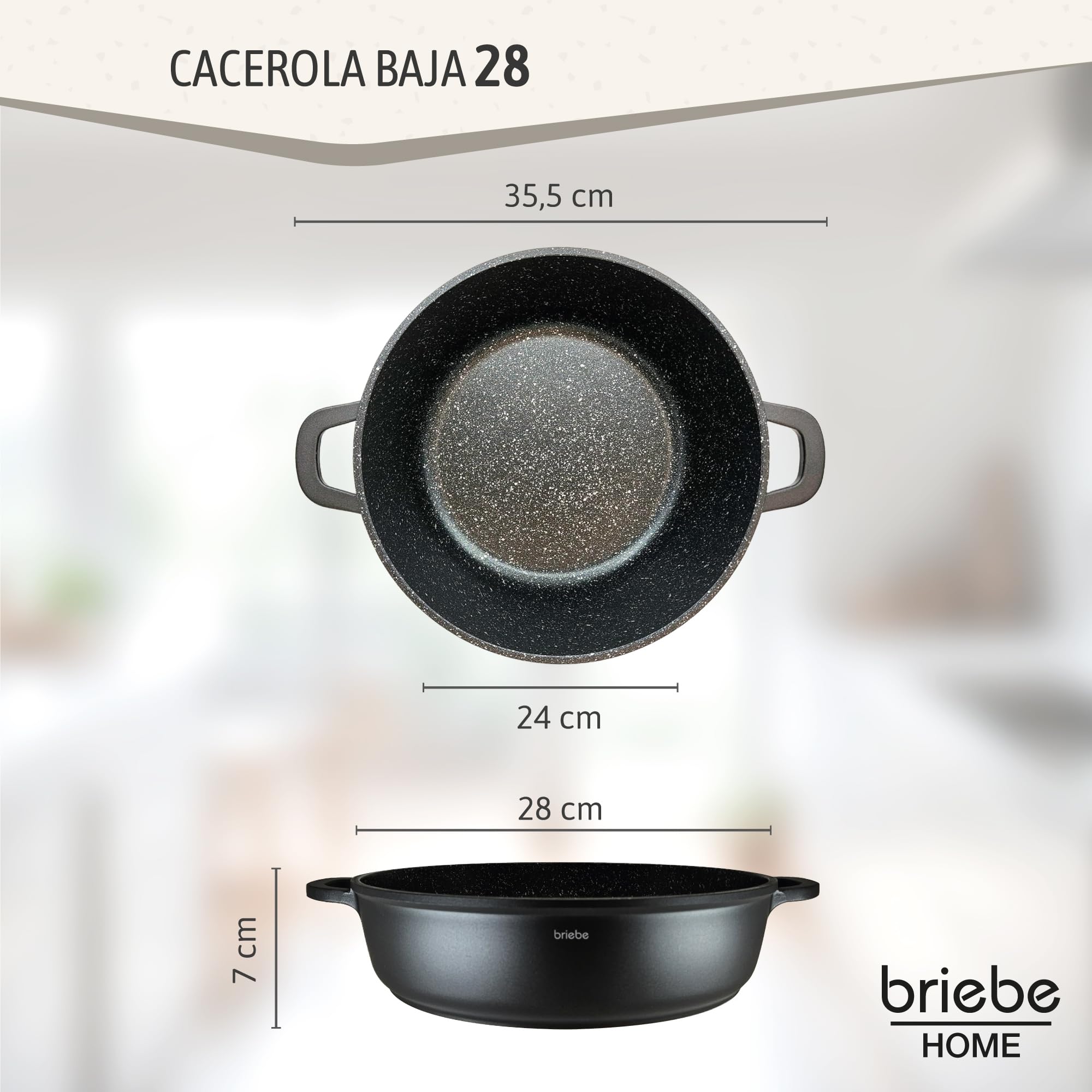 briebe Black Titanium Cacerola Baja de Cocina Inducción Antiadherente Titanio, Cazuela 28cm, Aluminio Fundido, Recubrimiento sin PFOA, Tapa Cristal, Asas Silicona, Vitrocerámica, Gas, Horno