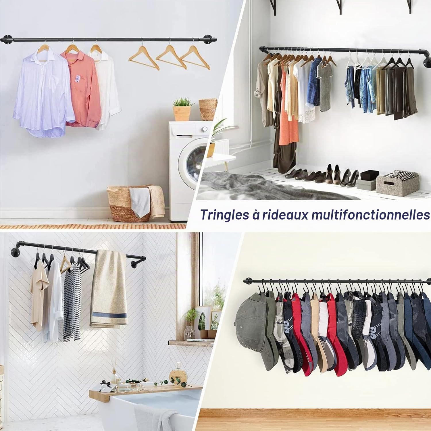 Tringles à Rideaux Double Style Industriel, 73-228cm Tringle à Rideau Extensible avec Tête de Bride et Supports, Tringle à Rideaux Réglables en Acier Inoxydable Décorative pour Salon/Noir Mat