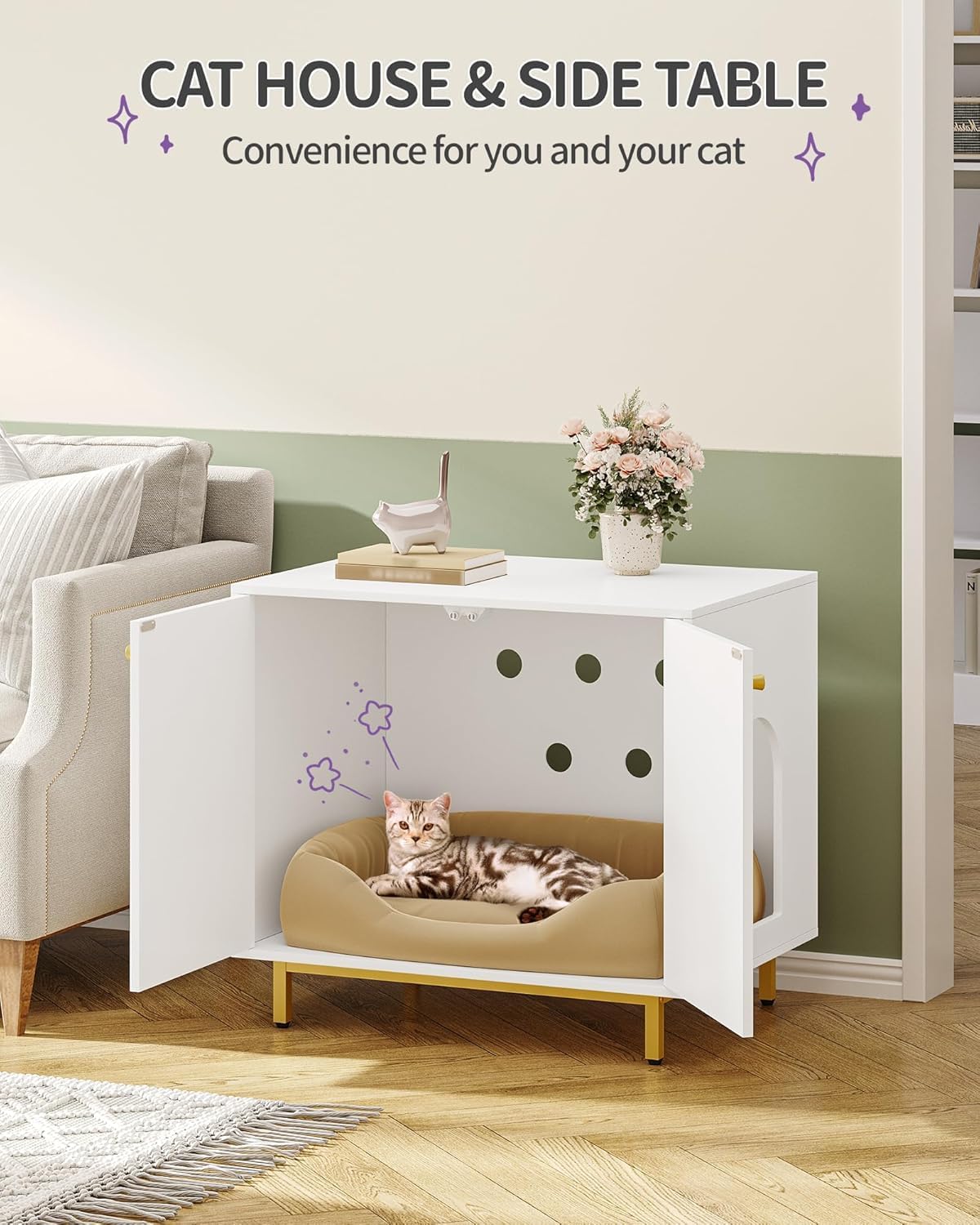 Cat Litter Box Enclosure, Hidden Litter Box Furniture Cabinet, Wooden Indoor Cat House, Side End Table, Living Room, Bedroom, White and Gold CB85003G