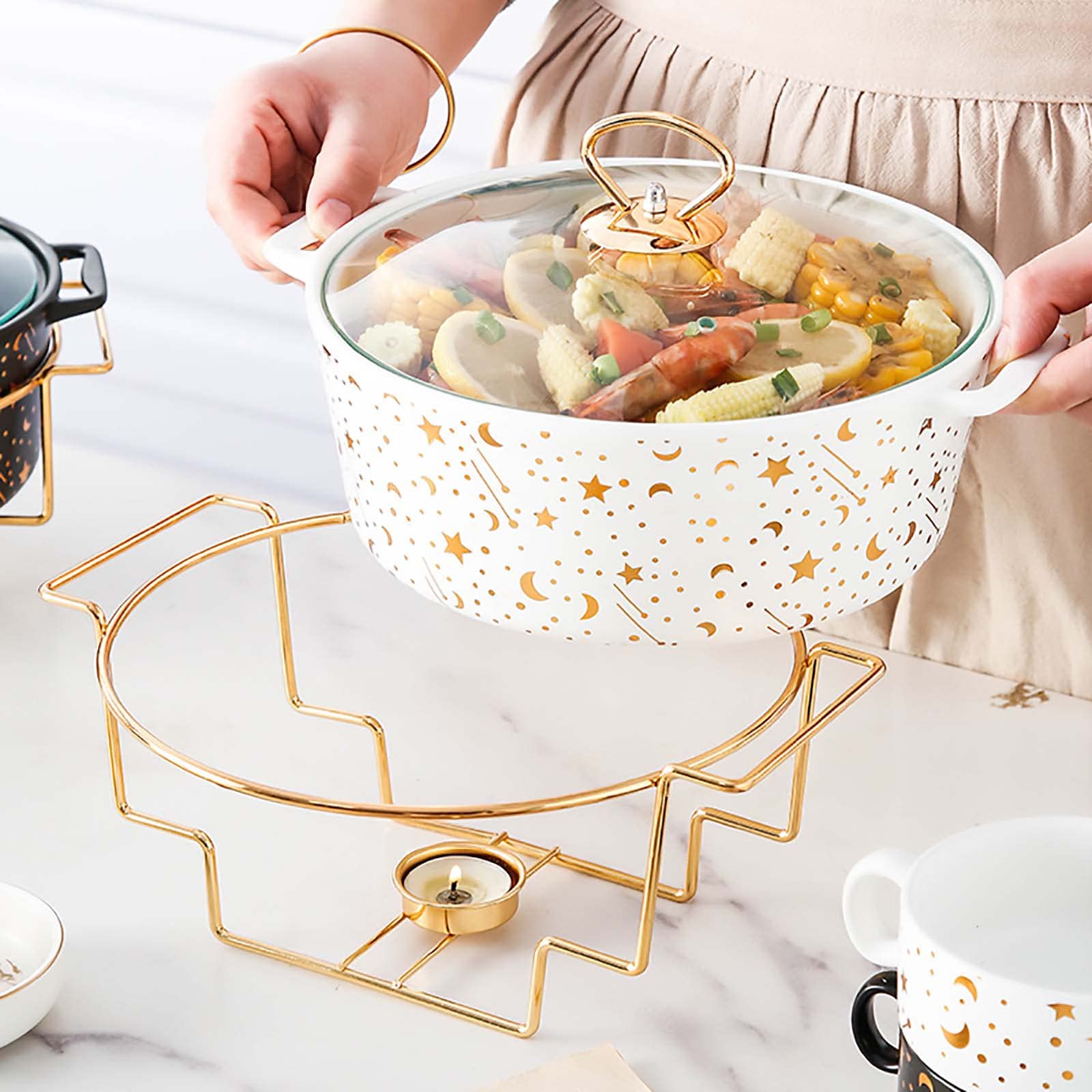 Set di scaldavivande in ceramica, con coperchio in vetro e supporto per carburante, vassoio rotondo per scaldavivande e scaldavivande per buffet, matrimoni, feste, banchetti, Chris,