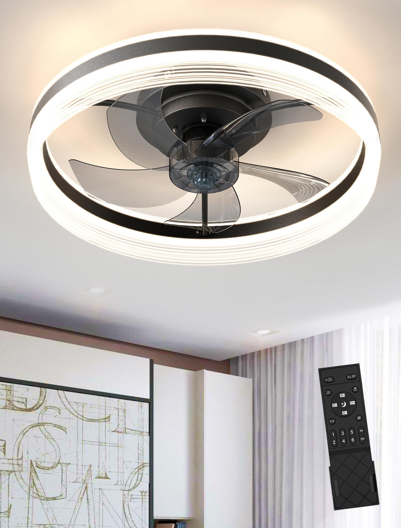 Photo 1 of ERYAHRT Low Profile Ceiling Fan with Light and Remote Control, 20" Flush Mount Ceiling Fan with Dimmable LED,3 Color 6 Speeds Timing Reversible Blades, Modern Ceiling Fan, Black