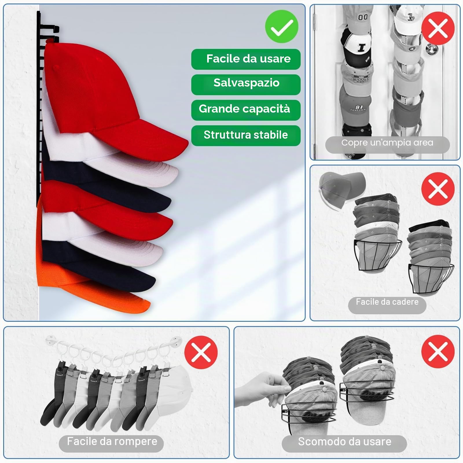 JGGDUU Porta Cappelli per cappelli da baseball, espositore per cappelli da parete, porta, armadio, contiene fino a 16 cappelli, gancio adesivo o da trapano per cappelli, Nero