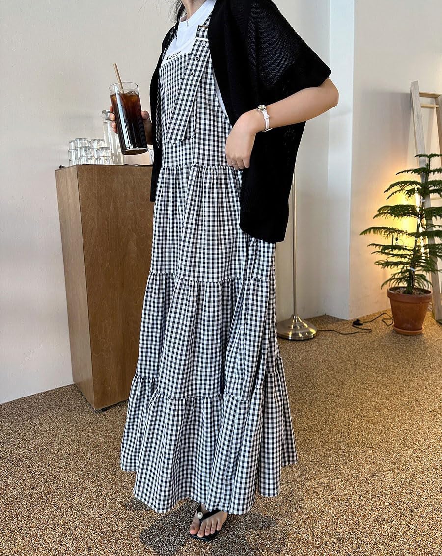 chouyatou Women's Retro Plaid Suspender Maxi Dress Sleeveless Ruffle Tiered Overall Jumper Long Dress - Image 4