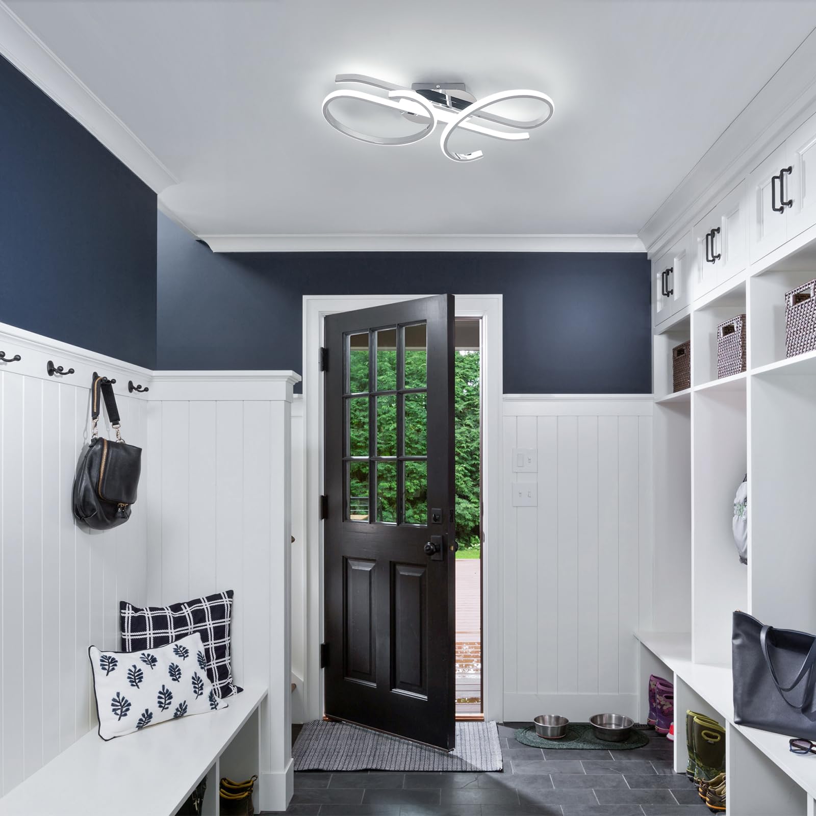 DELIPOP Plafoniera LED Soffitto Dimmerabile, 30W Lampadario Soffitto Moderno con Telecomando 3000K-6500K, Cromato Plafoniera Design Curvo Musicale per Camera da Letto, Soggiorno, Ingresso & Hotel