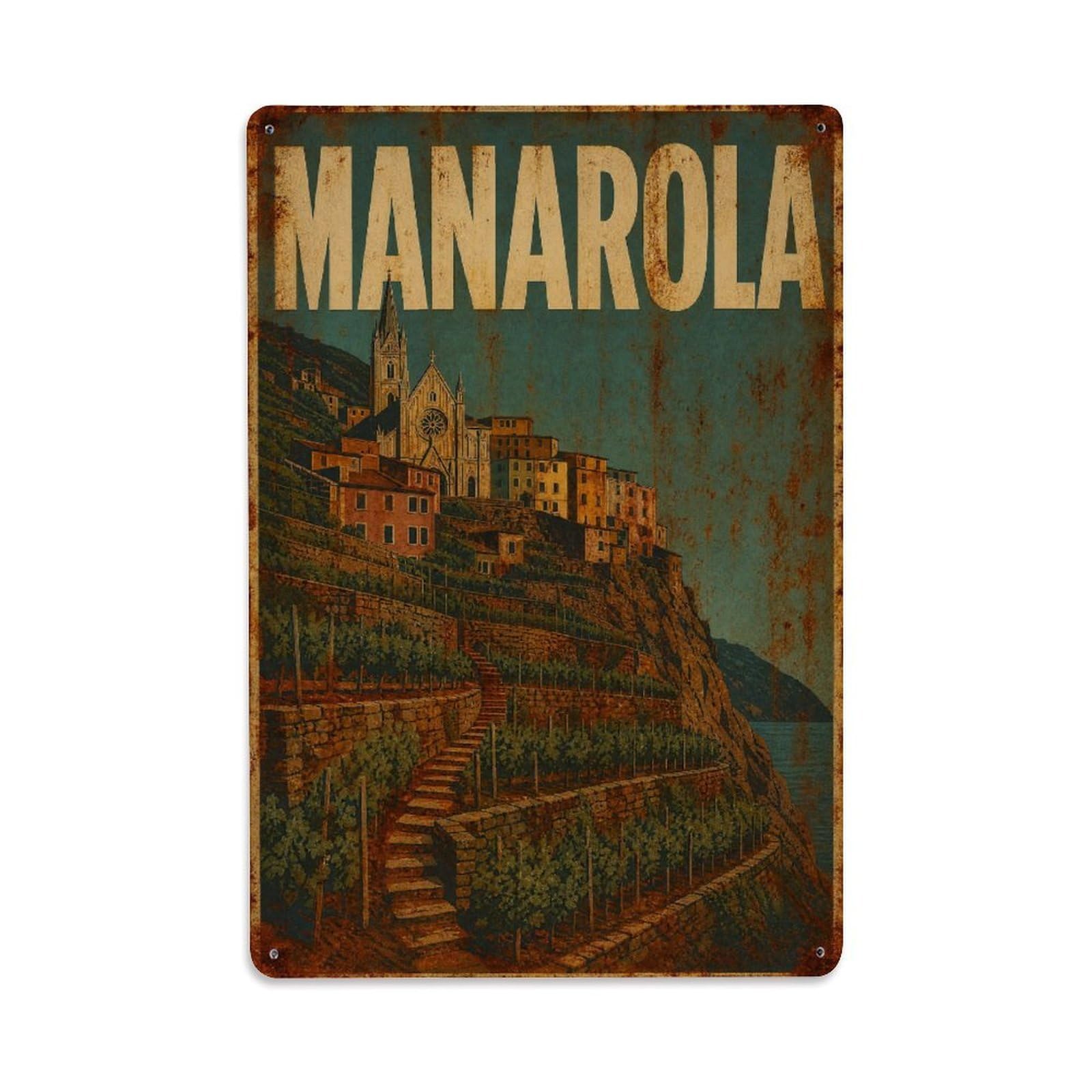 Huiyhb 8X12inch(20X30cm) Vintage Travel Manarola Terraced Landscape Agricultural Beauty Italy Metal Tin Sign