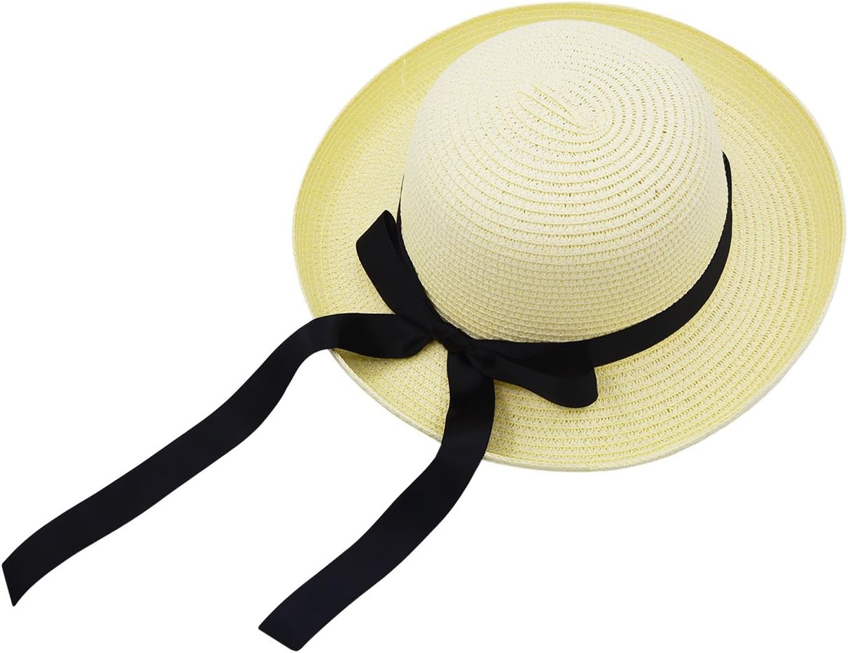 VEGALI Women Bowknot Wide Brim Summer Beach Sun Straw Hats (Light Yellow- Black Ribbon)