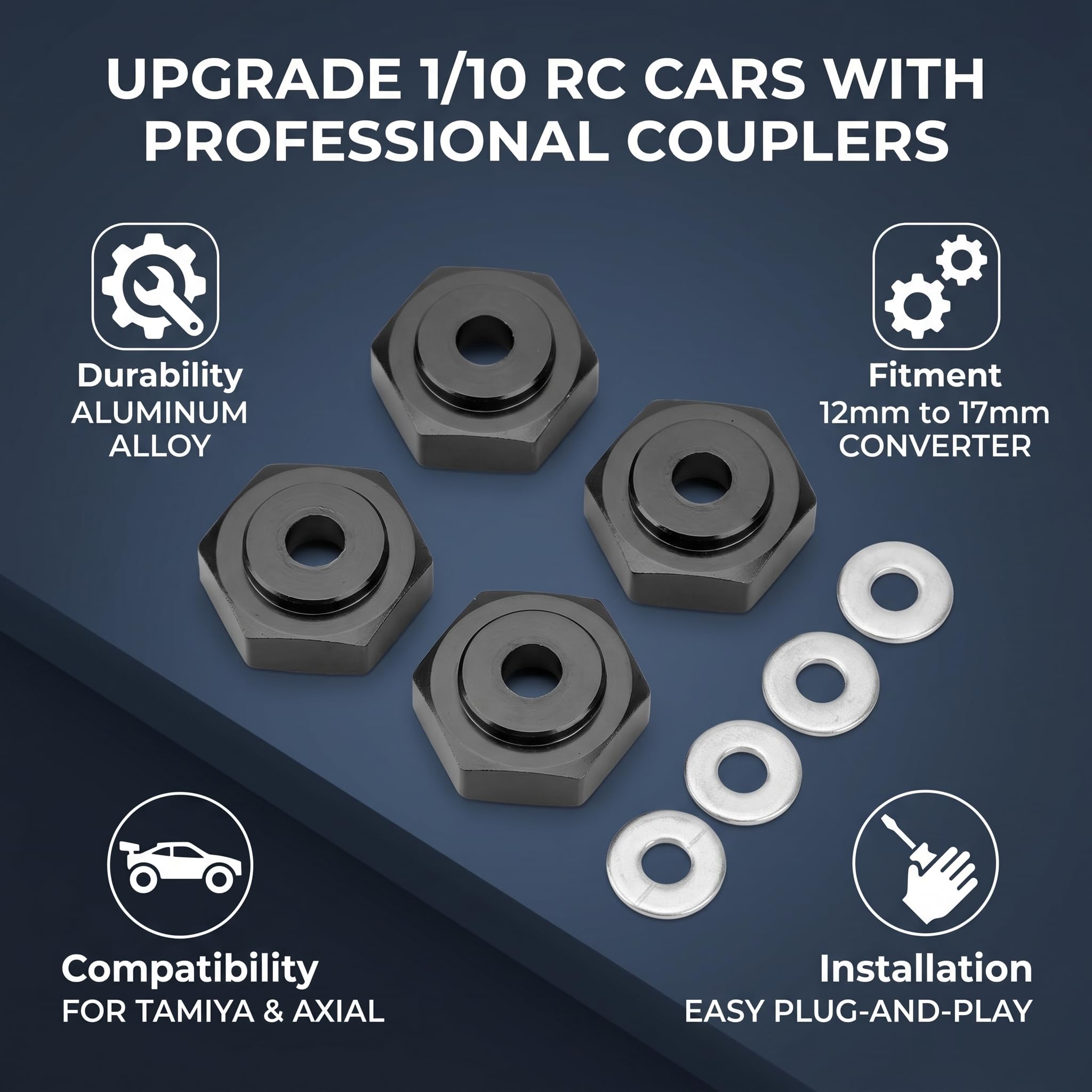 4szt RC Hex Coupler, 12mm do 17mm Aluminiowe Koło RC Hex Adapter do 1/10 RC Cars(Czarny)