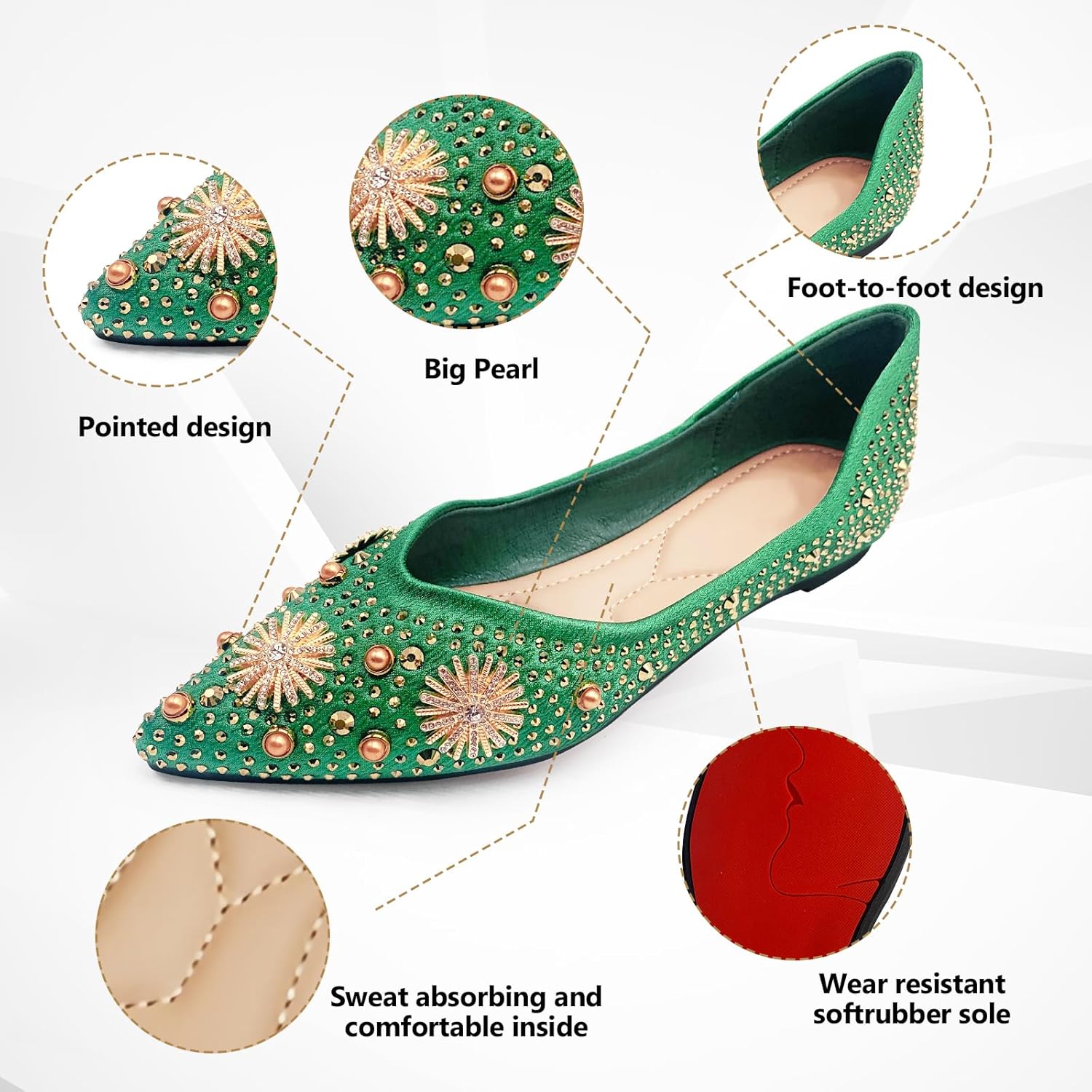 Women's Rhinestone Flats Fashion Pointed Toe Pearl Diamond Low Heel Dress Wedding Flats Work Business Casual Flats Shoes