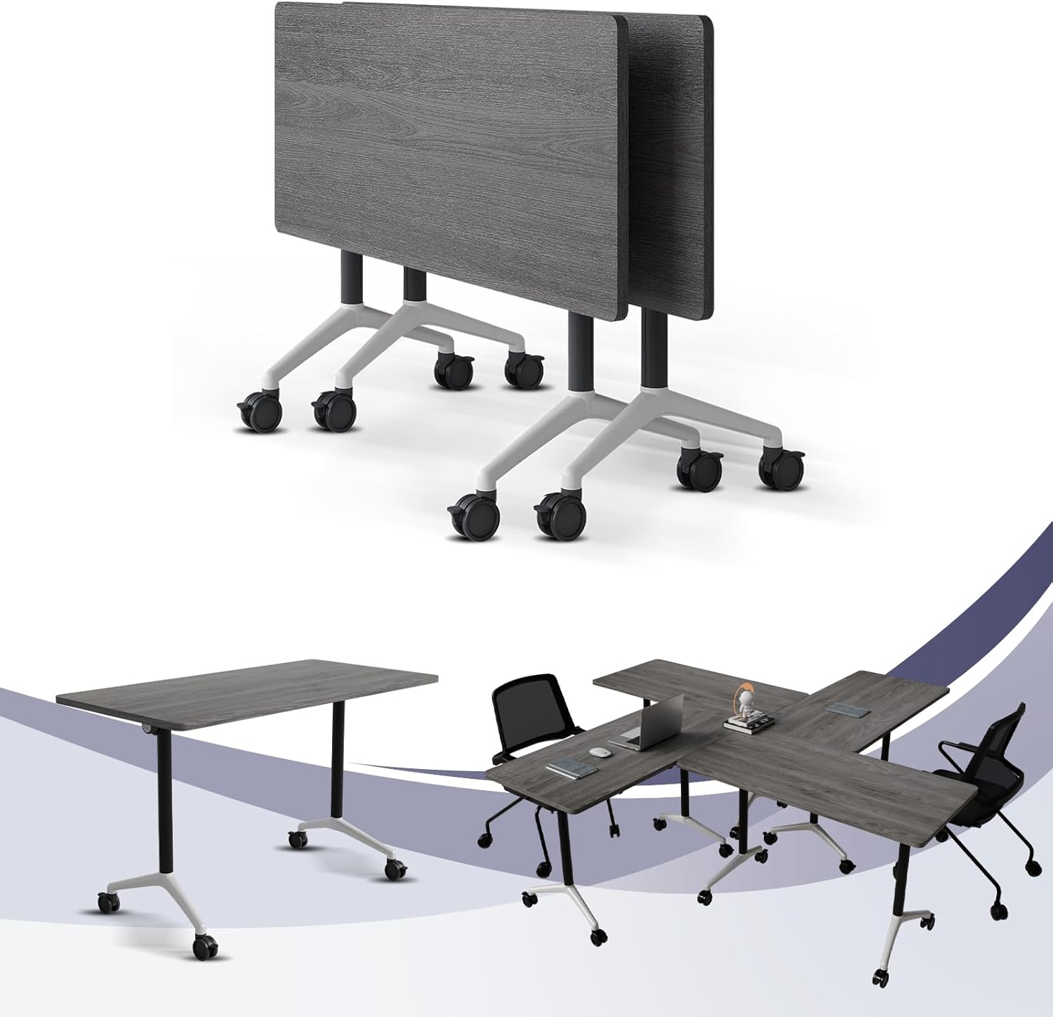 Conference Table, Folding Conference Table, Wooden Conference Room Table with Four Locking Wheels, Large Seminar Meeting Table for Office, Classroom,Meeting Room (2, Grey, 47.2in)