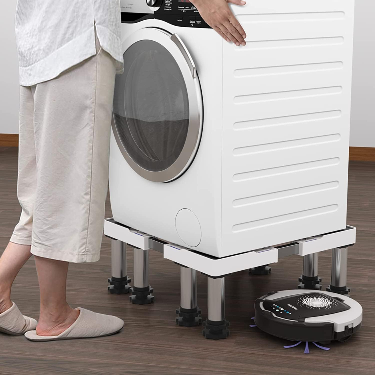 DEWEL Base de la Lavadora de 8 Pies, Carga de 500 kg, Base de la Lavadora del Refrigerador Ajustable, Secadora y Congelador, Longitud Ajustable 43 - 57 cm, Altura 18 - 20 cm, Tubería Cuadrada