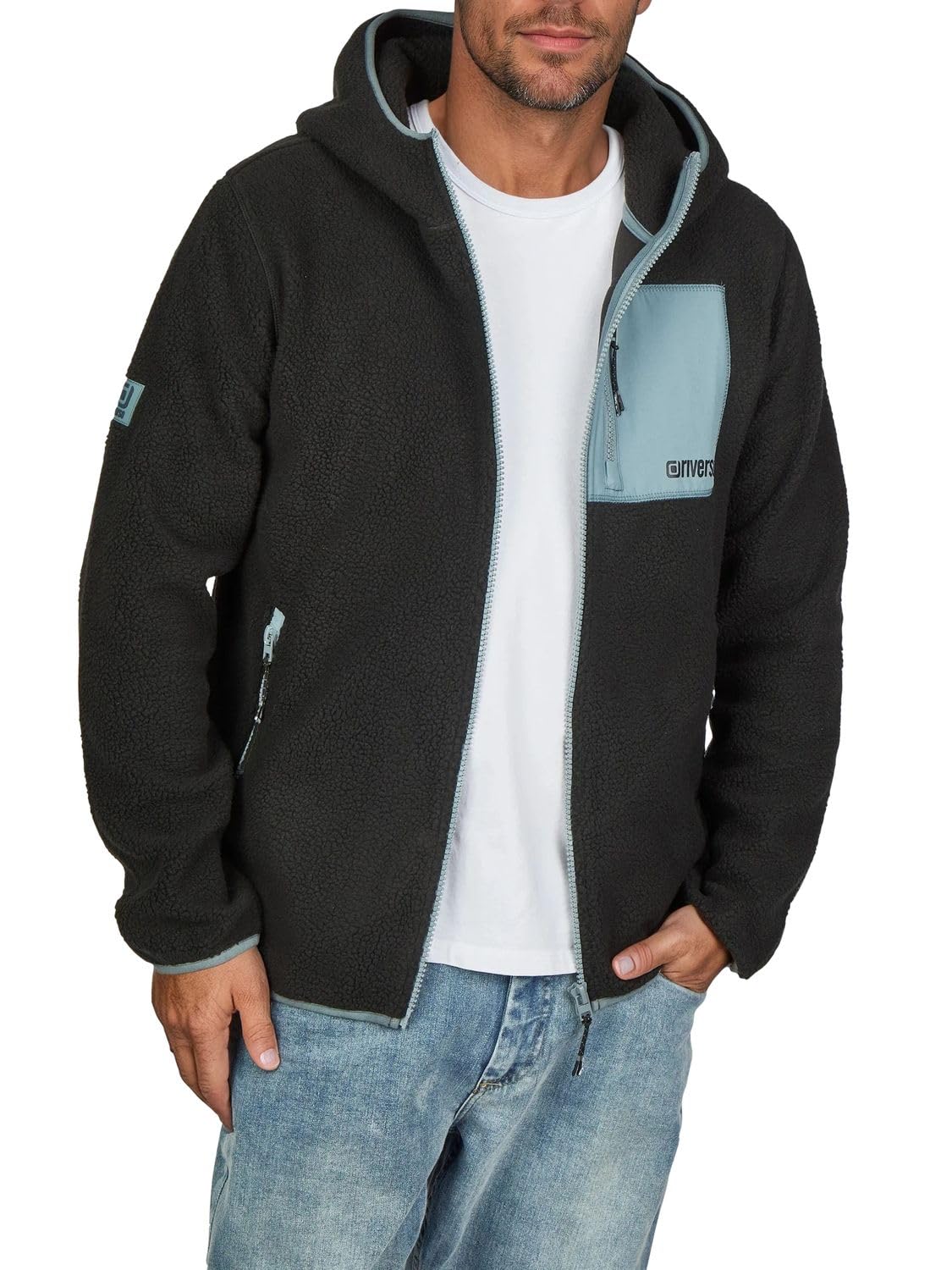riverso RIVLennox kurtka polarowa męska z kapturem, regularny krój, kurtka zimowa, kurtka przejściowa, stójka, czarna, zielona, szara, S M L XL XXL 3XL 4XL 5XL