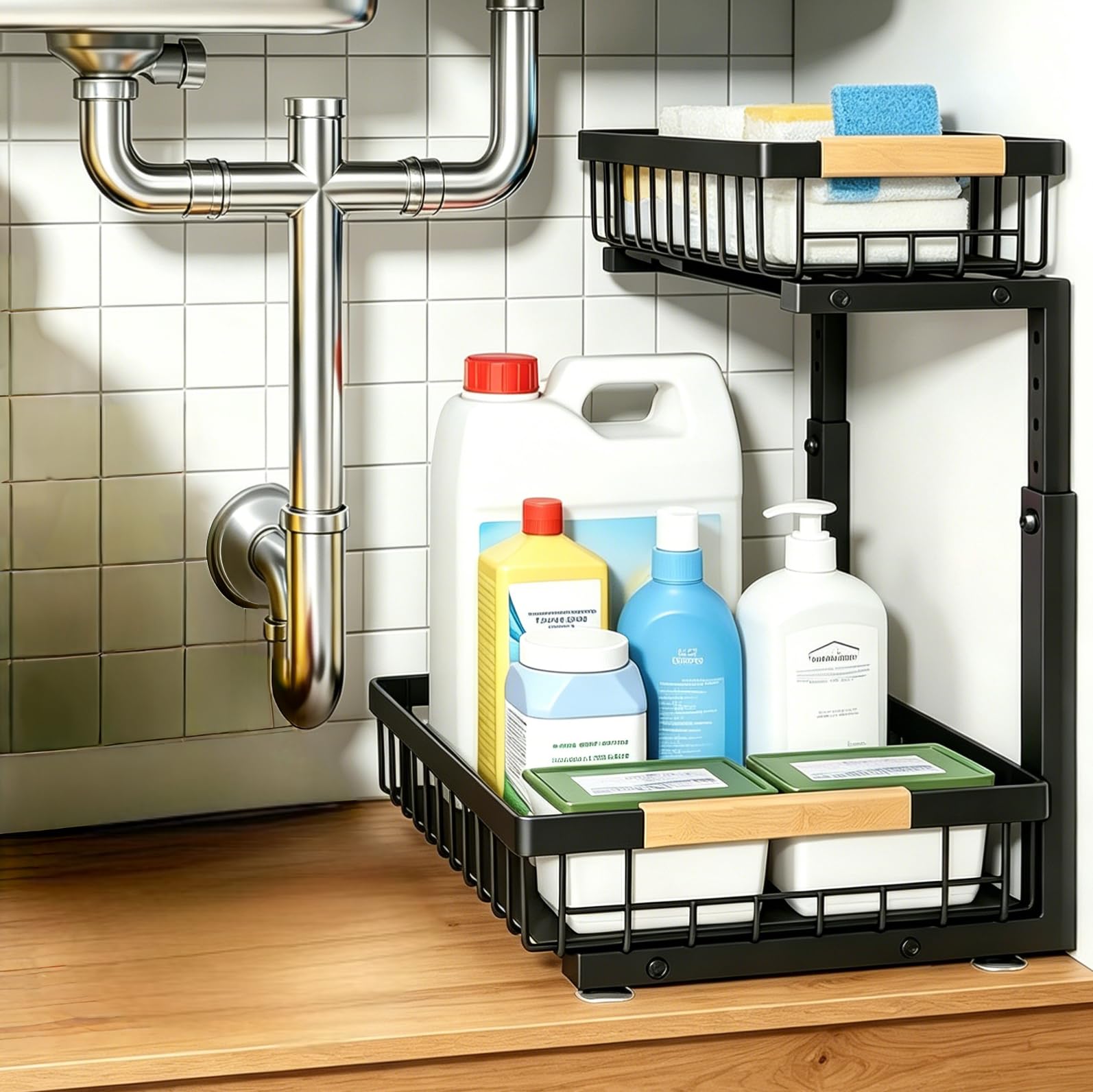 Nikphobos Under Sink Storage Organiser - 2 Tier Metal Pull Out Under Sink Storage Rack with Sliding Baskets, Under Sink Organiser with Cutlery Drawer for Kitchen, Bathroom, Wardrobe & Cabinet(1pc)