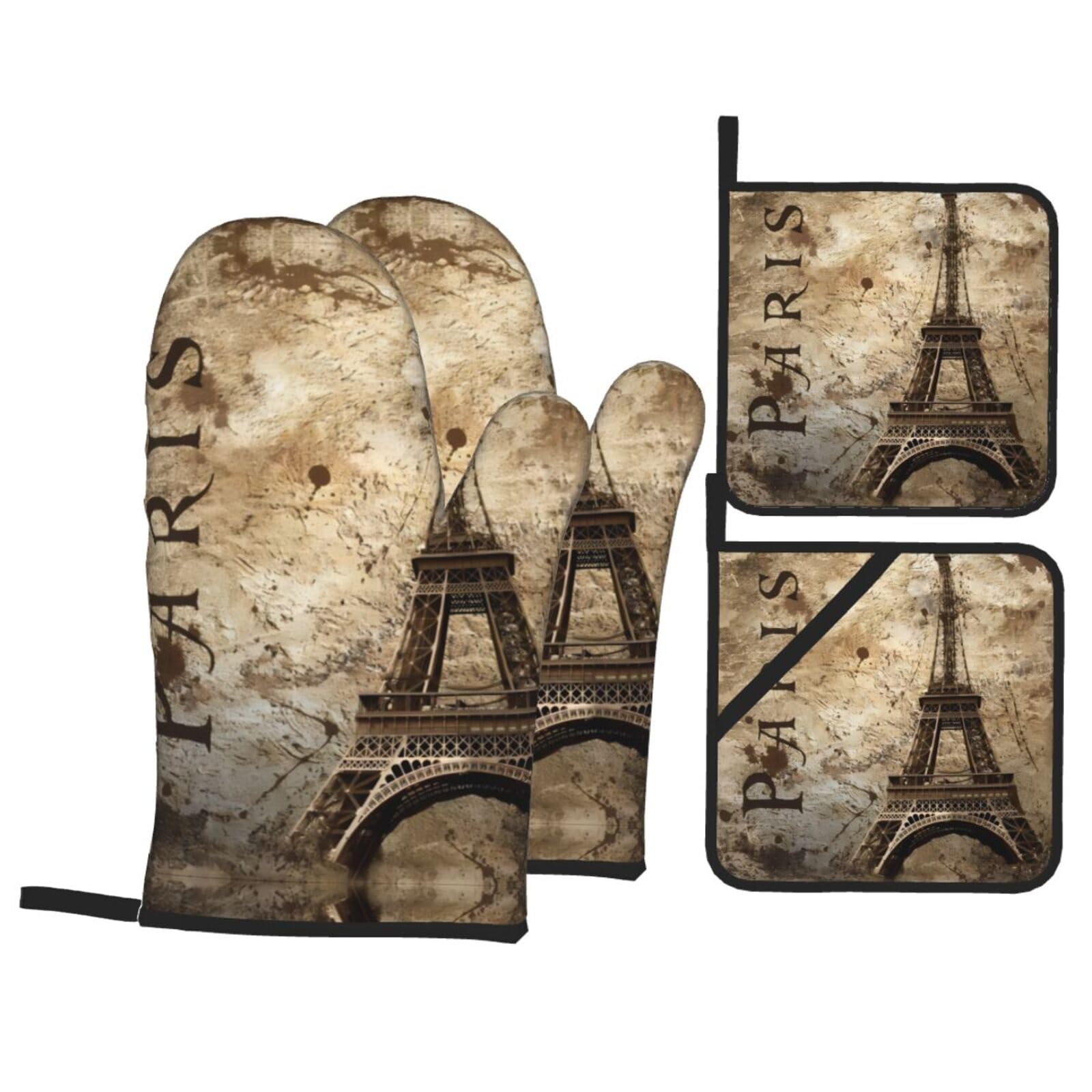 YYHHAOFA Paris Eiffel Tower Prints Kitchen Baking Set with Heat Resistant Pot Holders & Oven Mitts - Waterproof Layer for Hot Dishes, Grill & Microwave