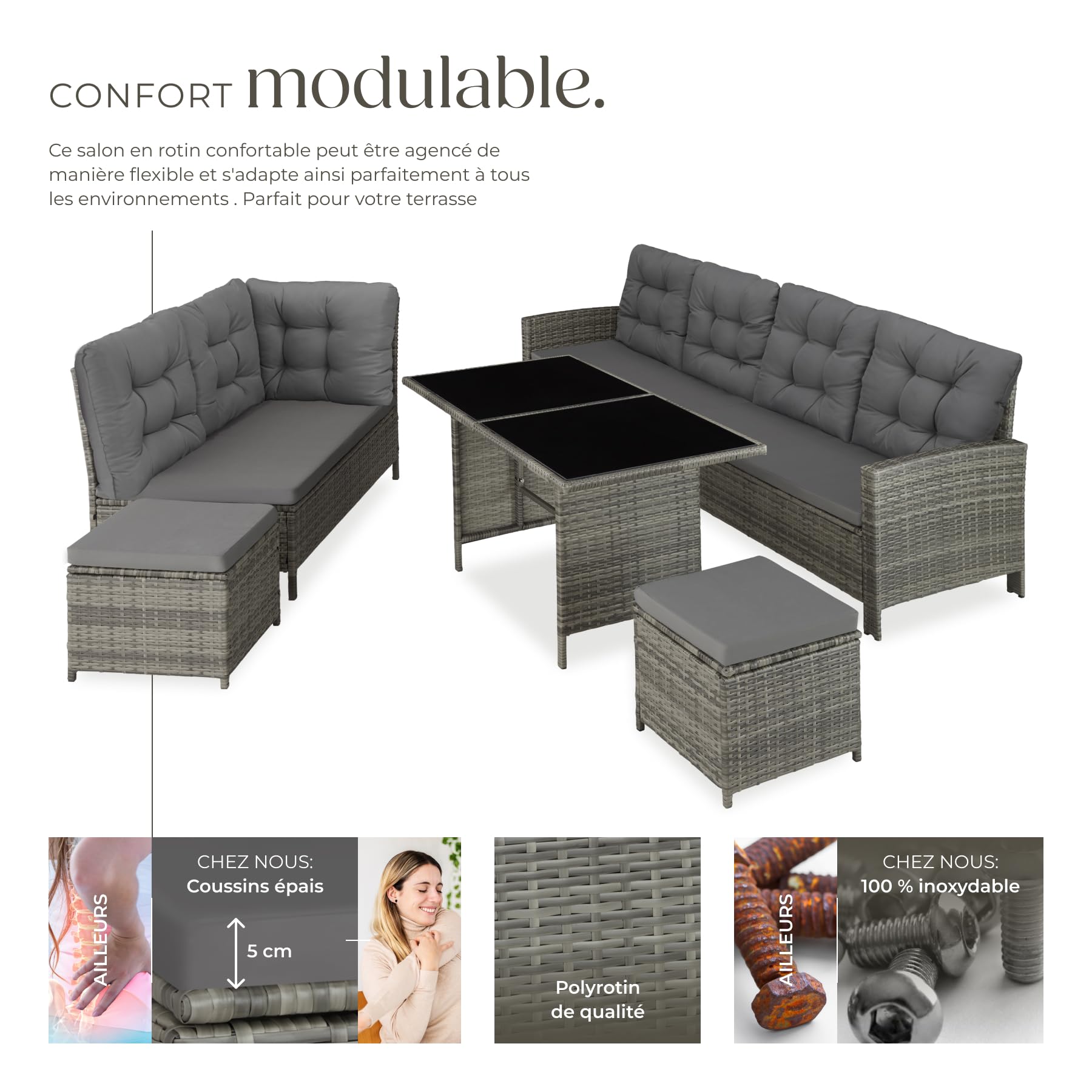 tectake® Salon de Jardin en Poly Rotin Modulable 1 Canapé de Jardin Exterieur d’Angle 1 Table Jardin 2 Tabouret Pouf Mobilier pour Amenagement Balcon et Terrasse - Gris Tacheté/Gris