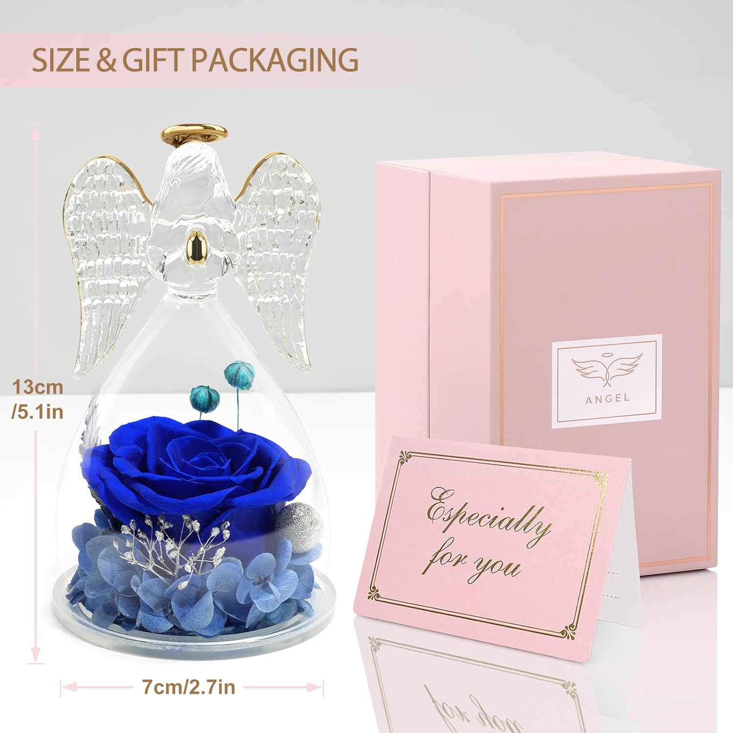 Yamonic Mom Birthday Gifts for Mom, Angel Figurines with Real Rose Gifts for Her Mom Grandma,Preserved Flowers Rose Angel Figurines for Mothers Day Christmas Anniversary Birthday Gifts for Her (Blue) - Image 4