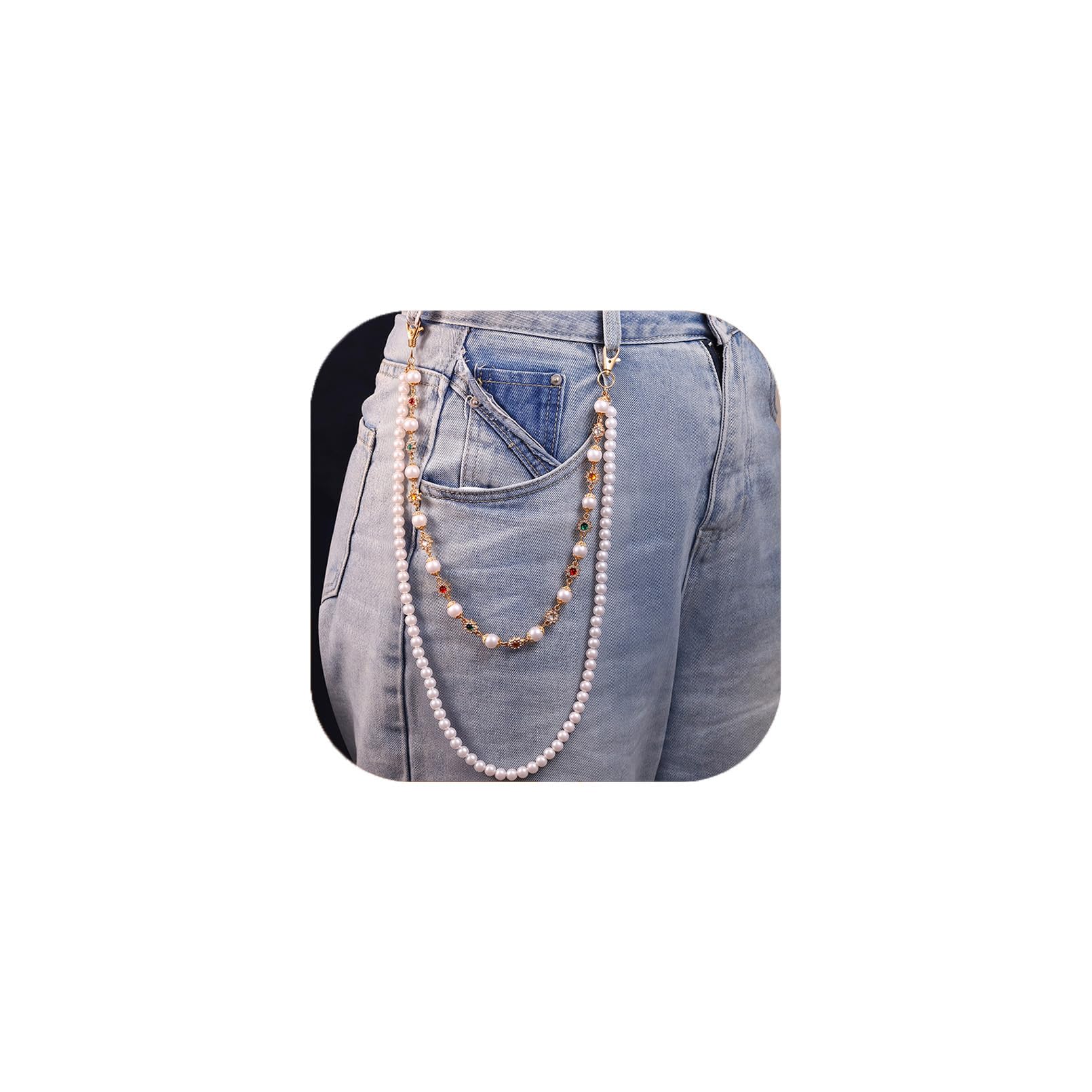 Layered Pearl Pants Chain Wallet Chain with Heart Cross Pendant