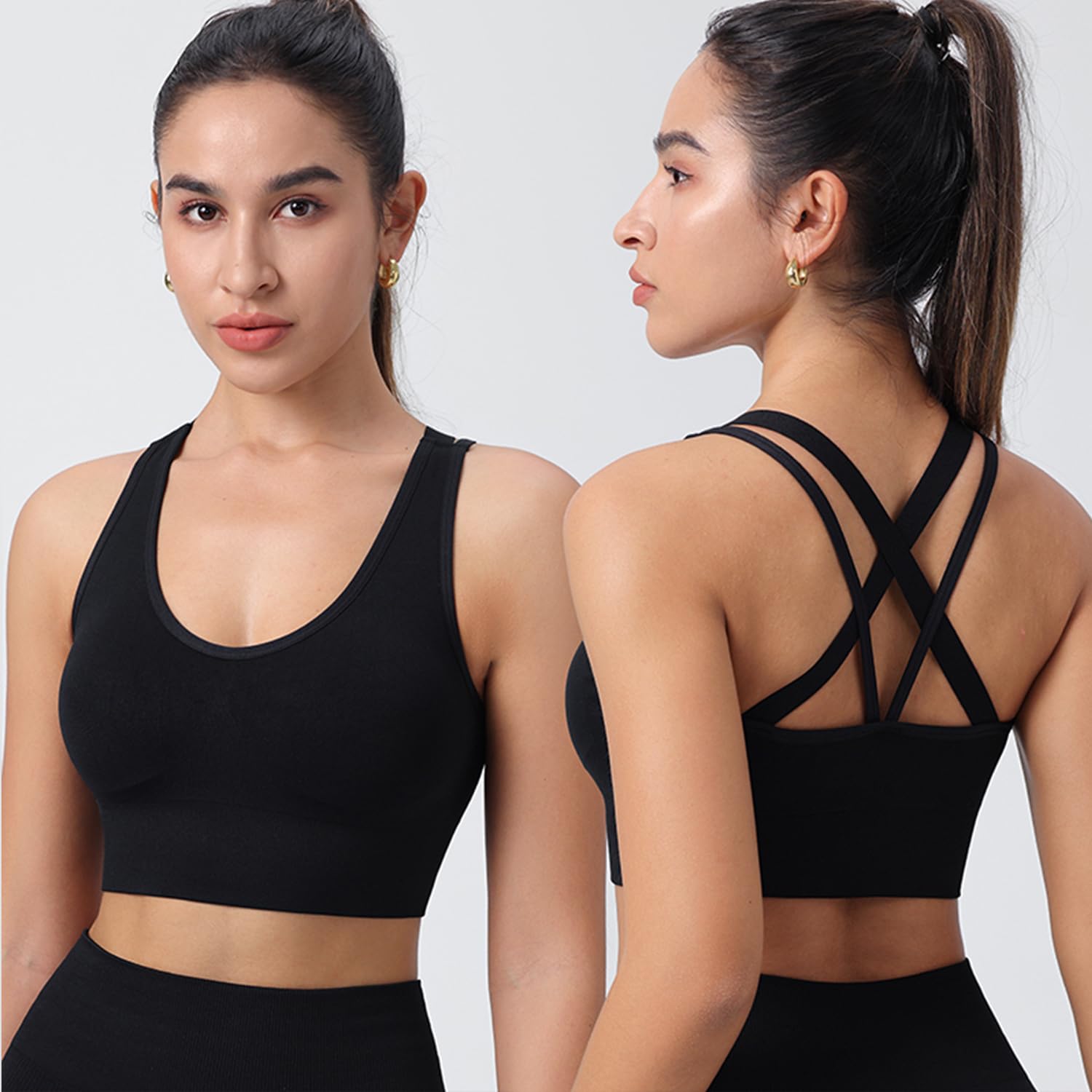 BLUELILY Sports Bra for Women Medium Support Criss Cross Strappy Bras Seamless Padded High Impact Yoga Athletic Exercise Bras