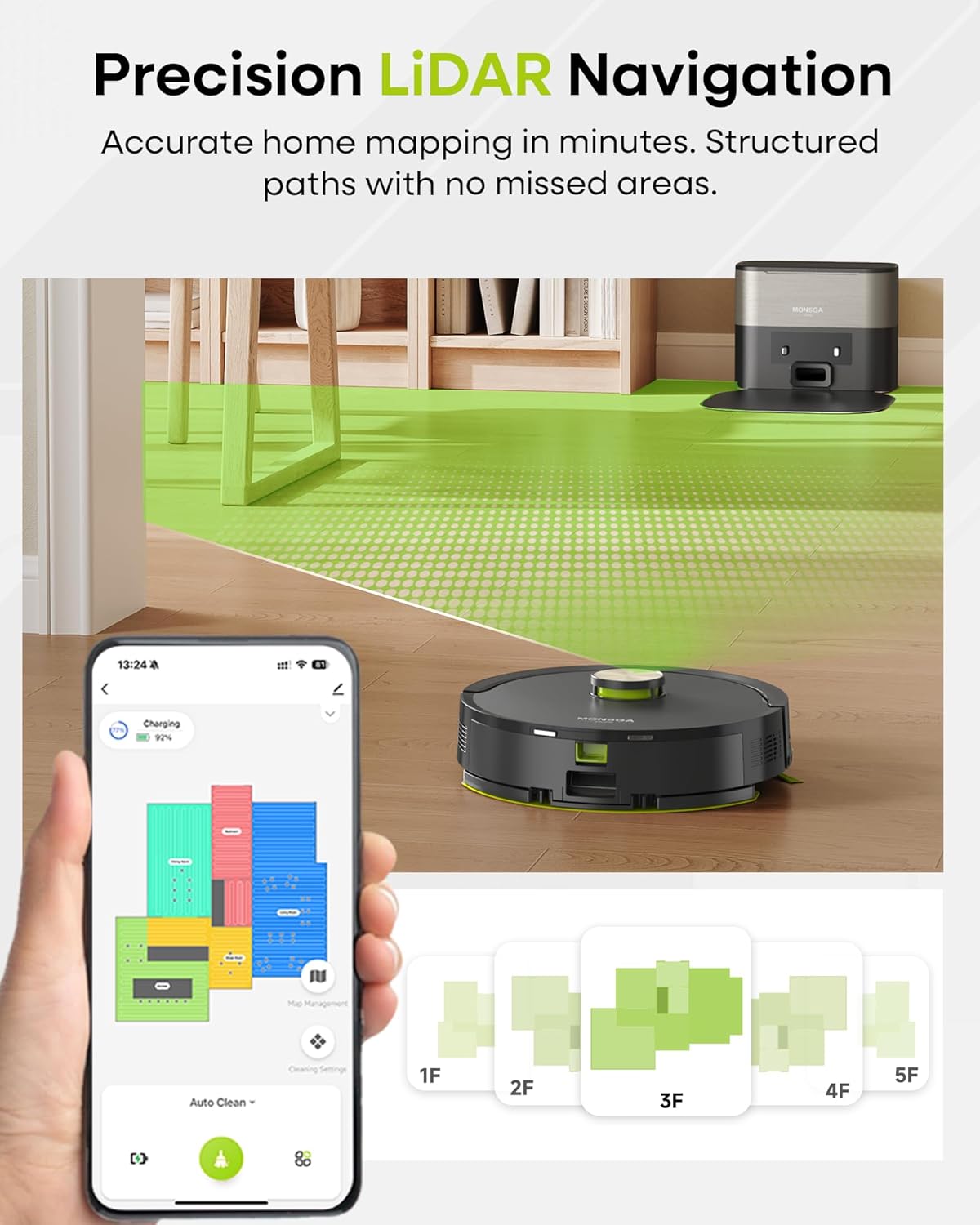 MONSGA Robot Vacuum and Mop, 90-Day Self-Emptying, 8000Pa Power Suction, Smart Mapping with LiDAR Navigation, Dual Anti-Tangle for Pet Hair, Carpet & Hard Floors