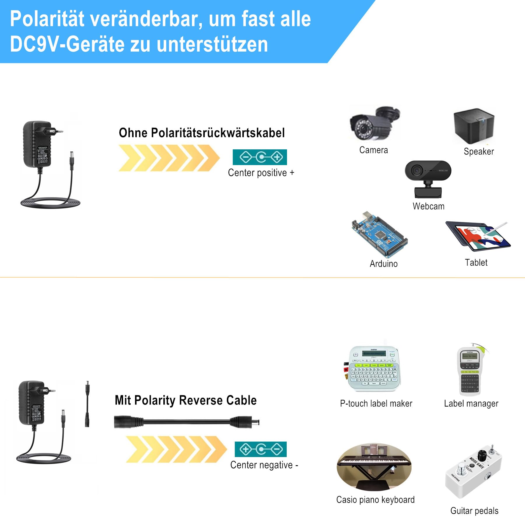 [Polarität veränderbar] 9V Netzteil DC9V 2A 1A Ladegerät AC zu DC9V 2A 1A 500mA 400mA 300mA 200mA 100mA für Label Maker, Klavier Keyboards, Gitarrenpedale DC9V Transformator